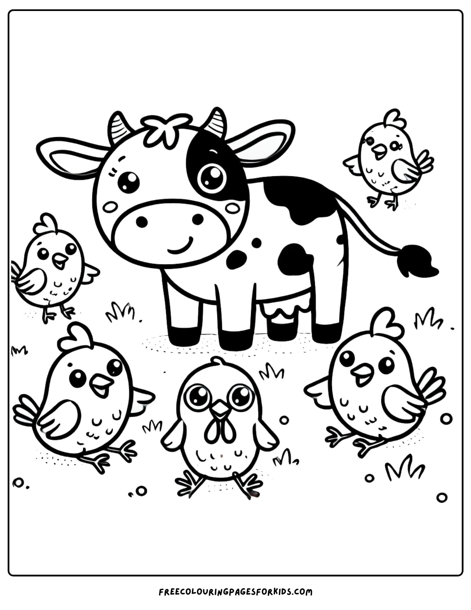 cow standing with chickens coloring page