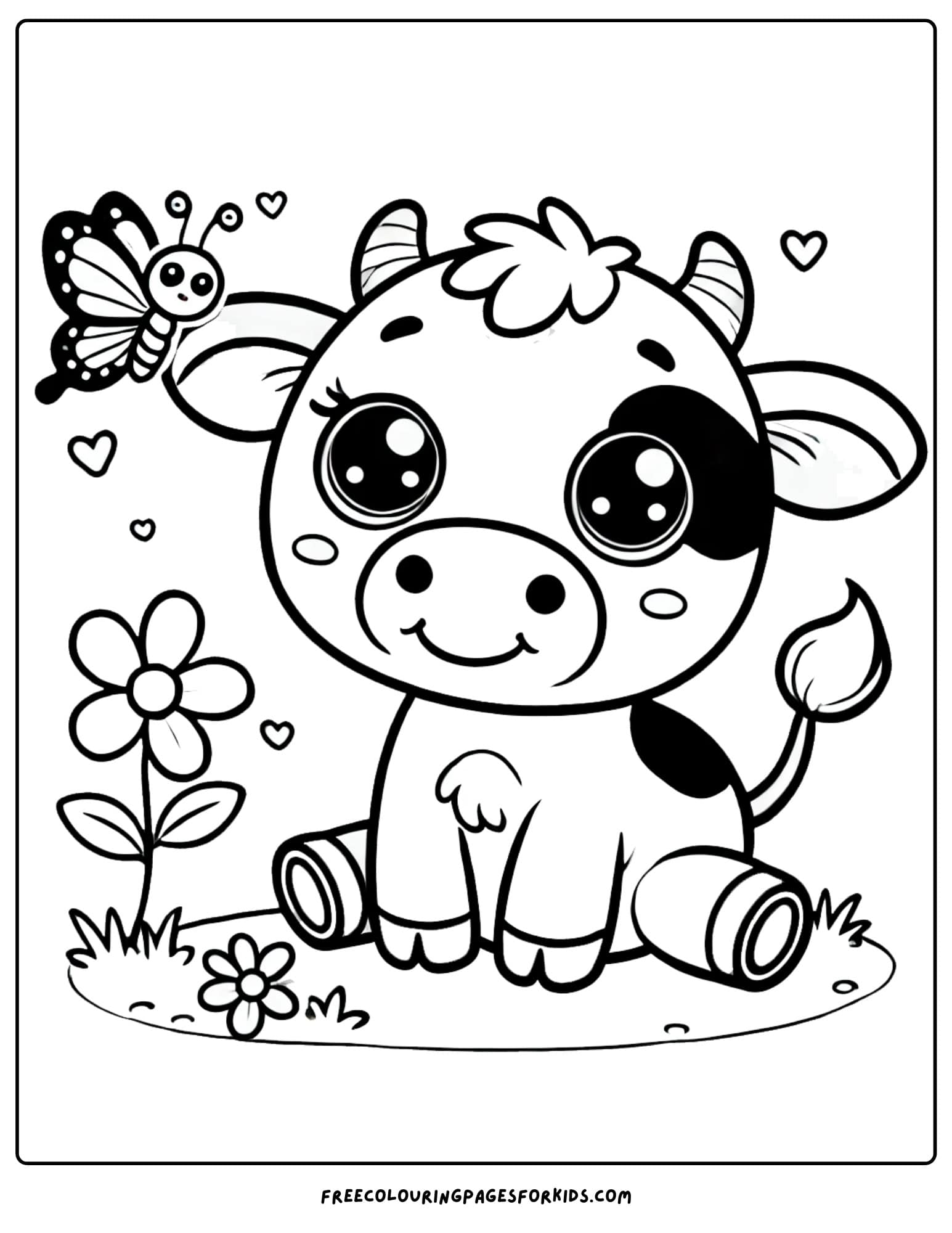 cow and a butterfly coloring page