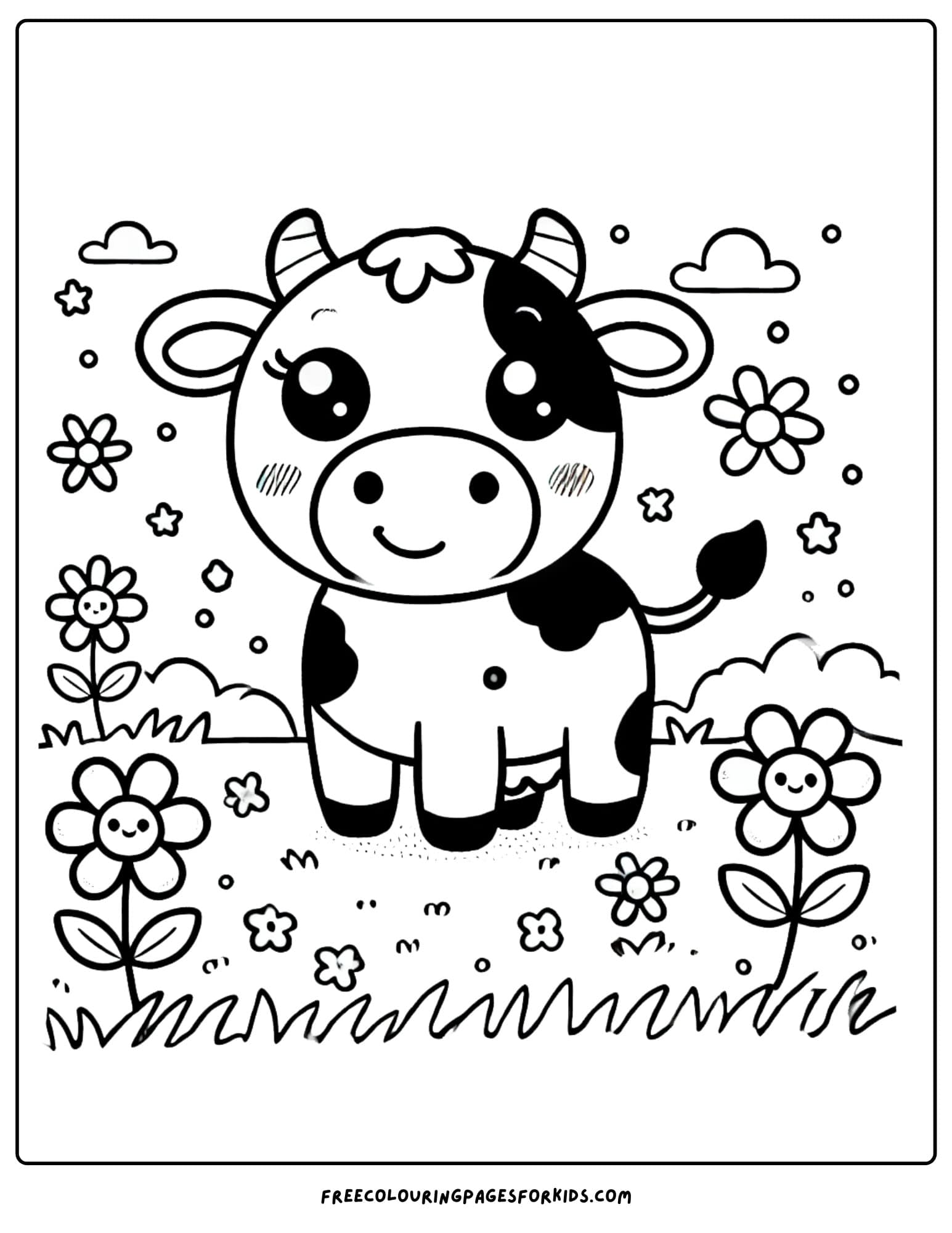 cow standing in a meadow coloring page