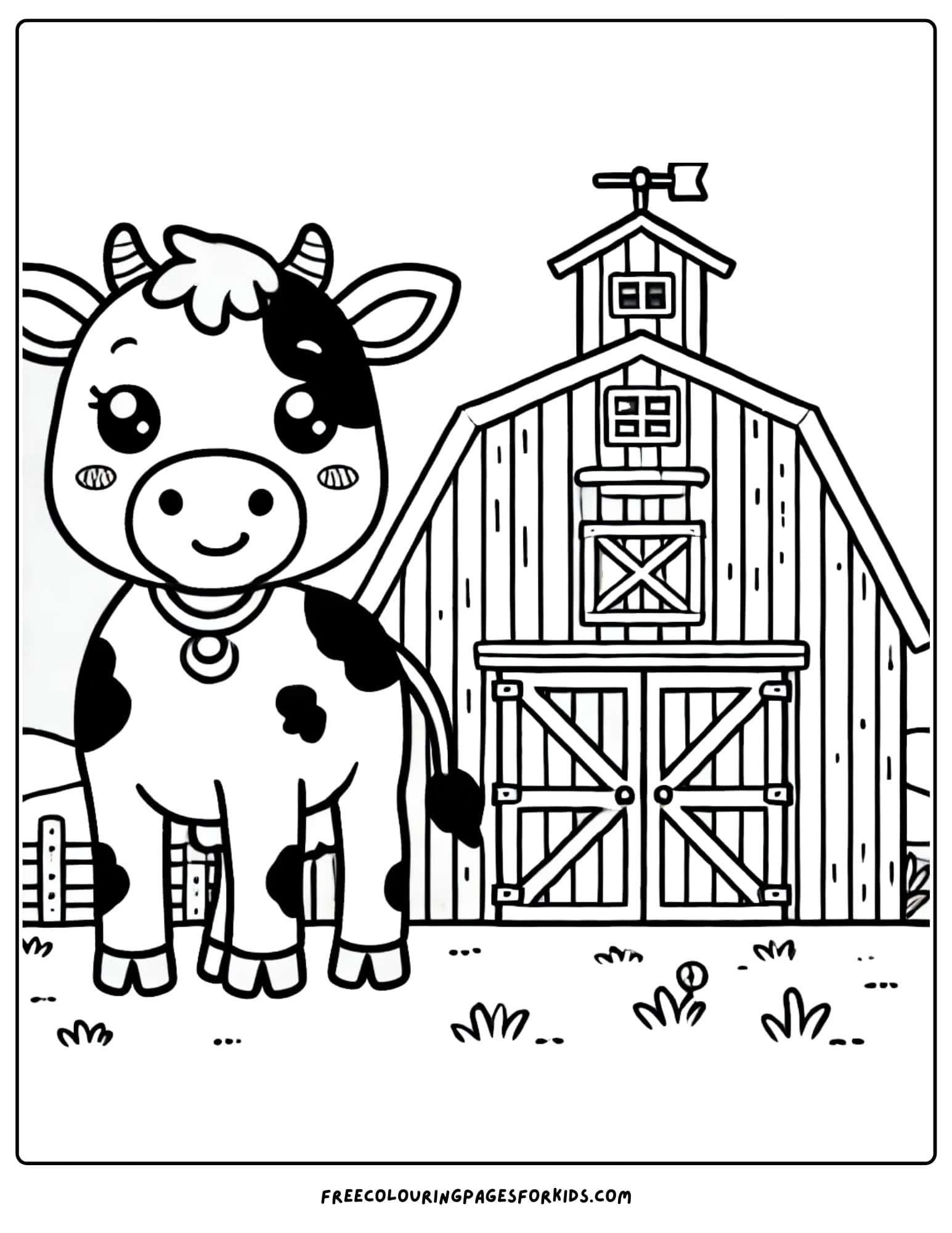 cow standing outside a barn coloring page