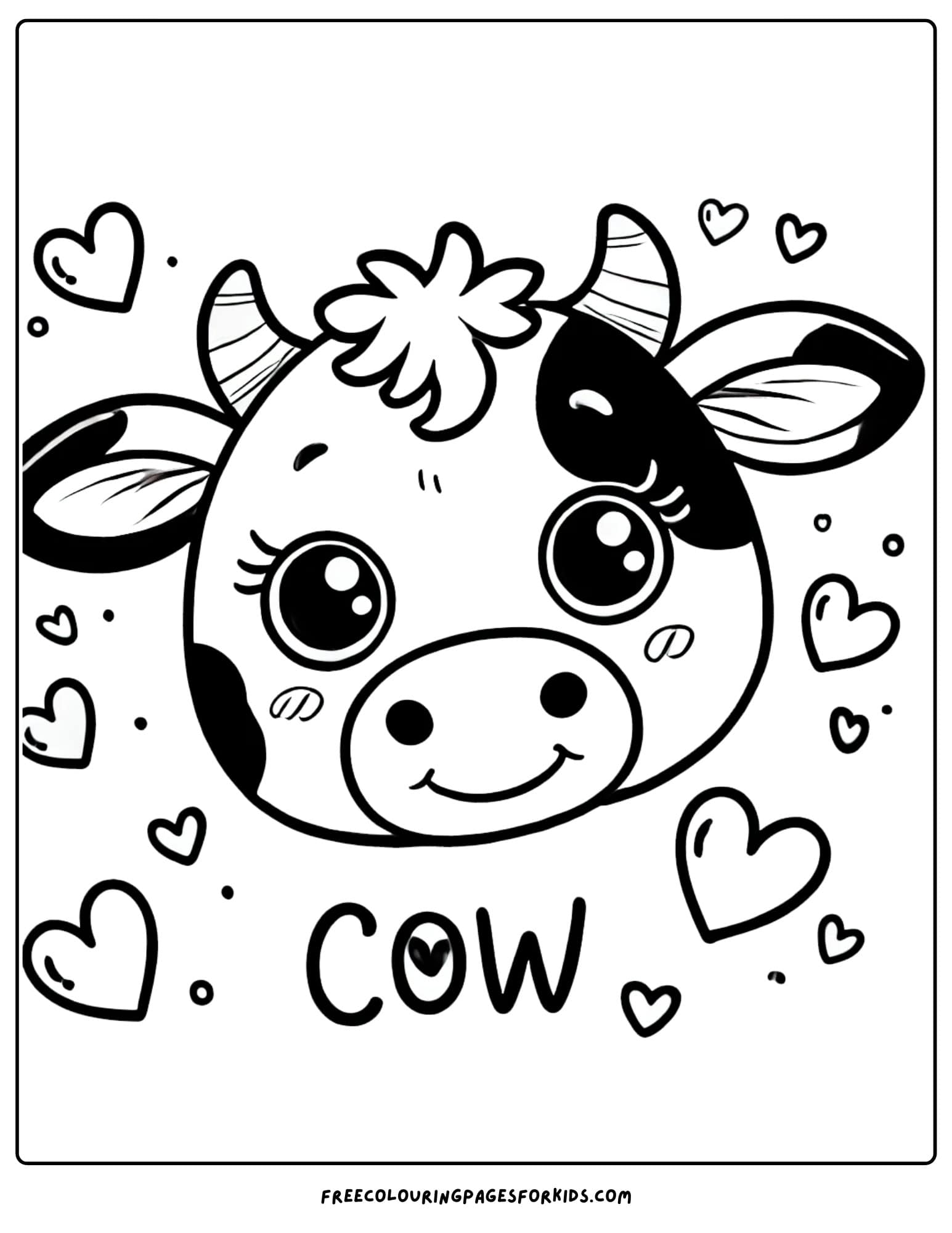 cow face surrounded by hearts coloring page