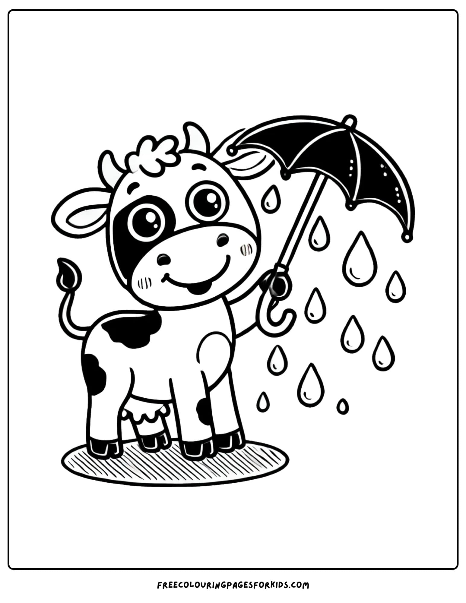 cow holding an umbrella in the rain coloring page