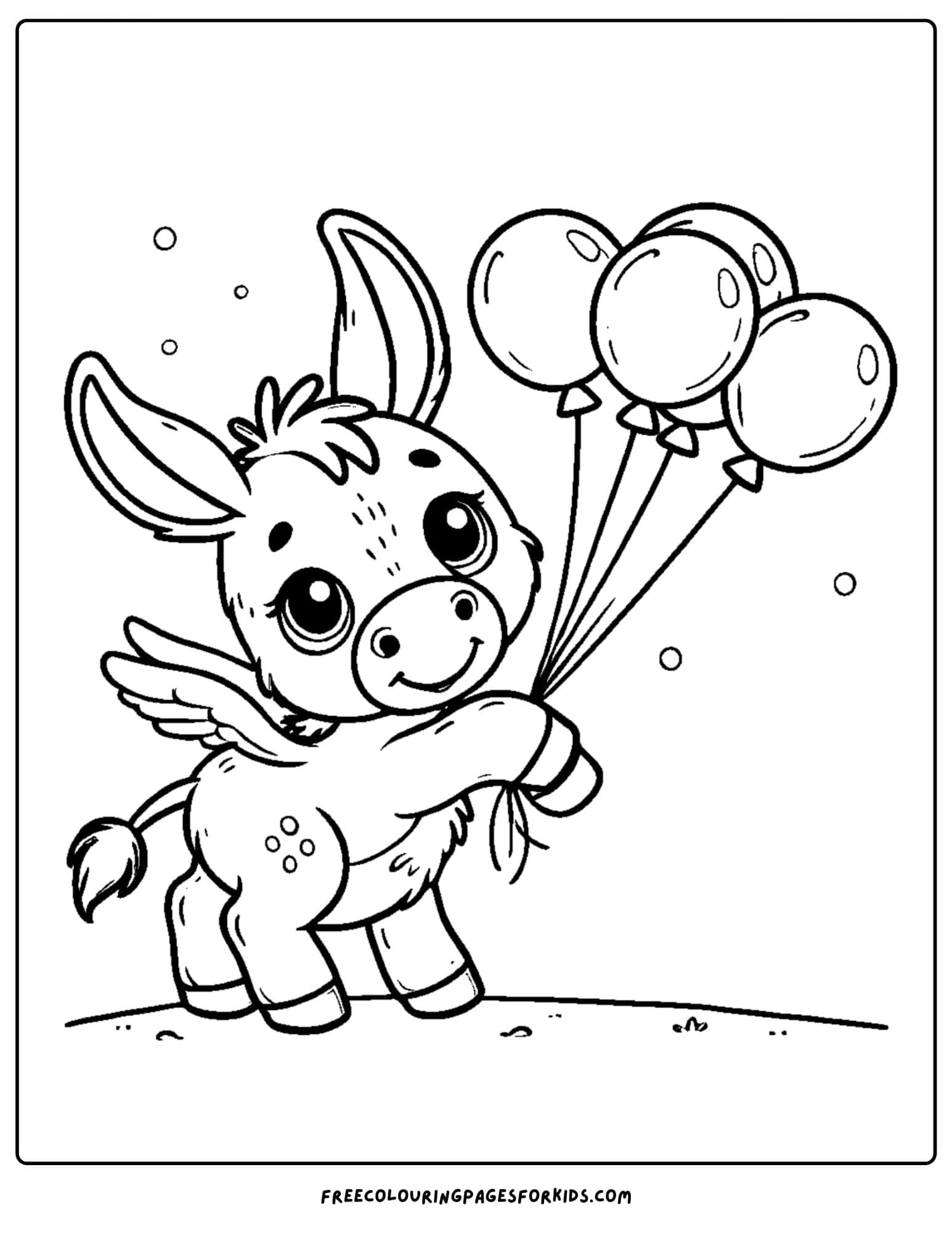 donkey holding balloons about to fly coloring page