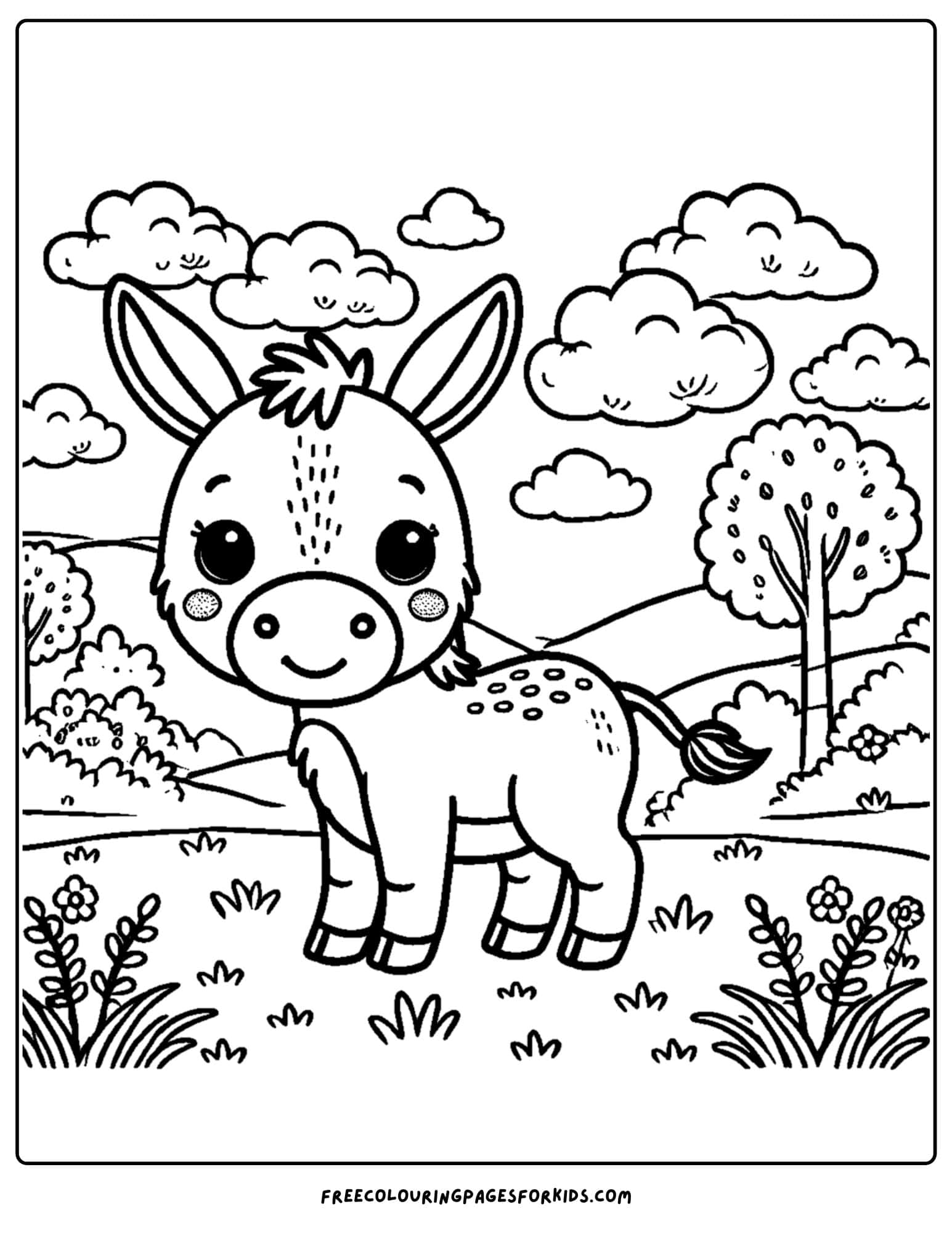 donkey in a meadow coloring page