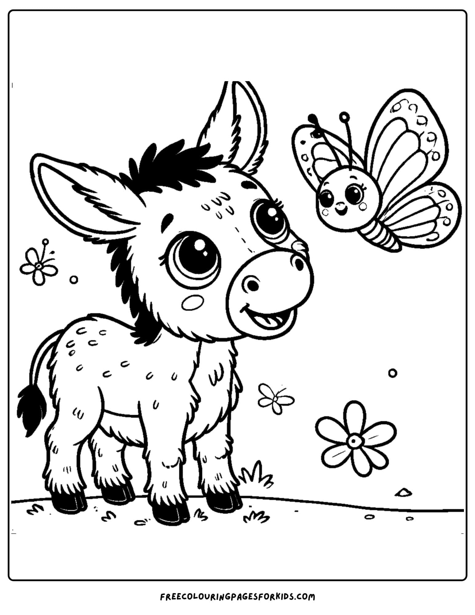 donkey looking at a butterfly coloring page