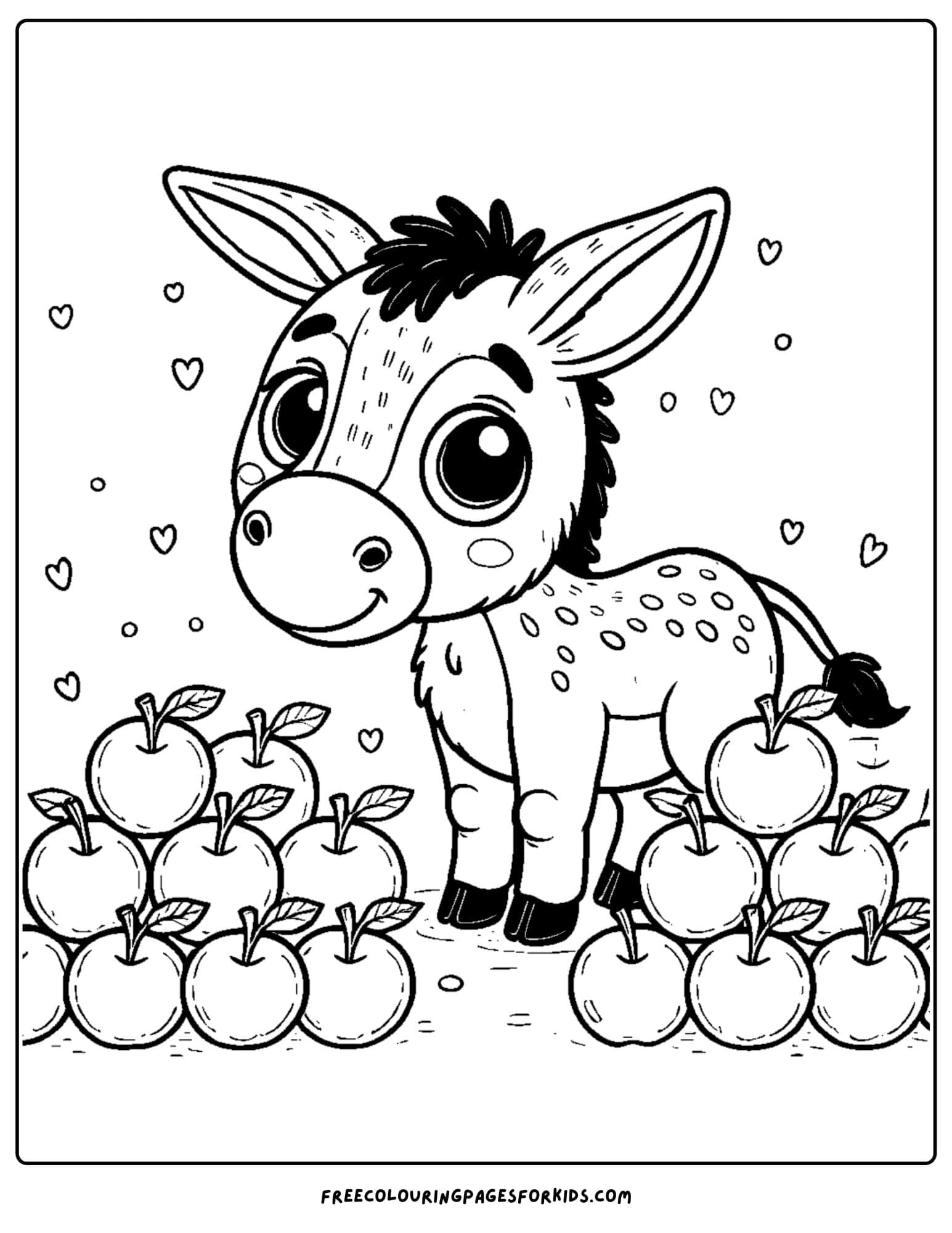 donkey standing near a pile of apples coloring page