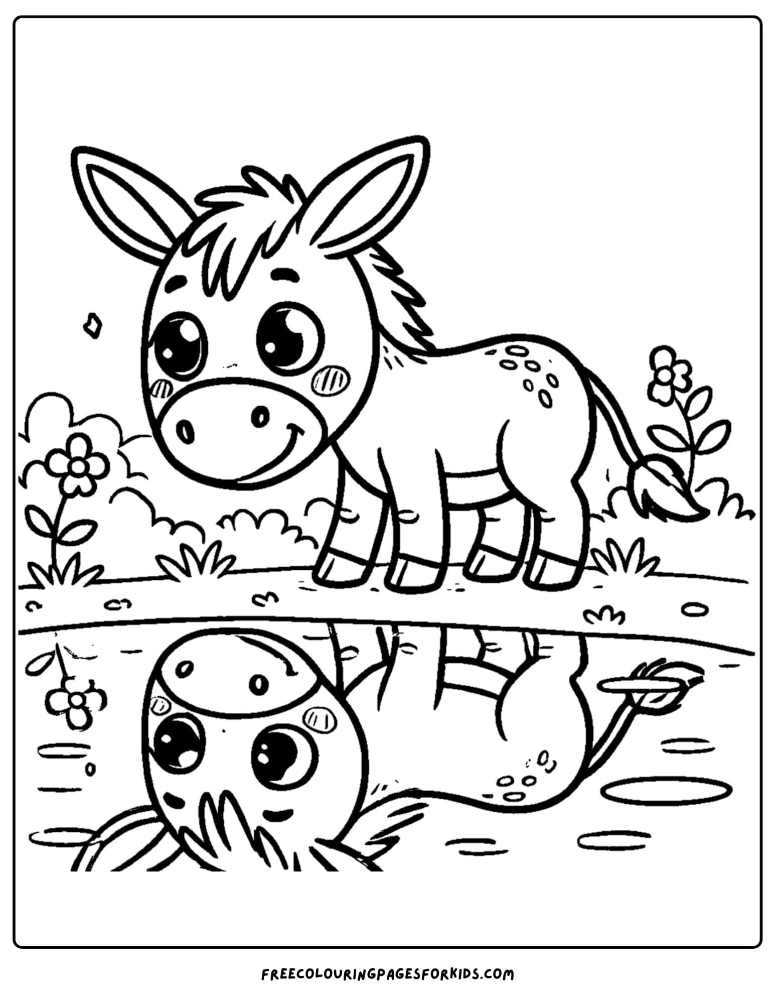 donkey looking at its own reflection in the water coloring page