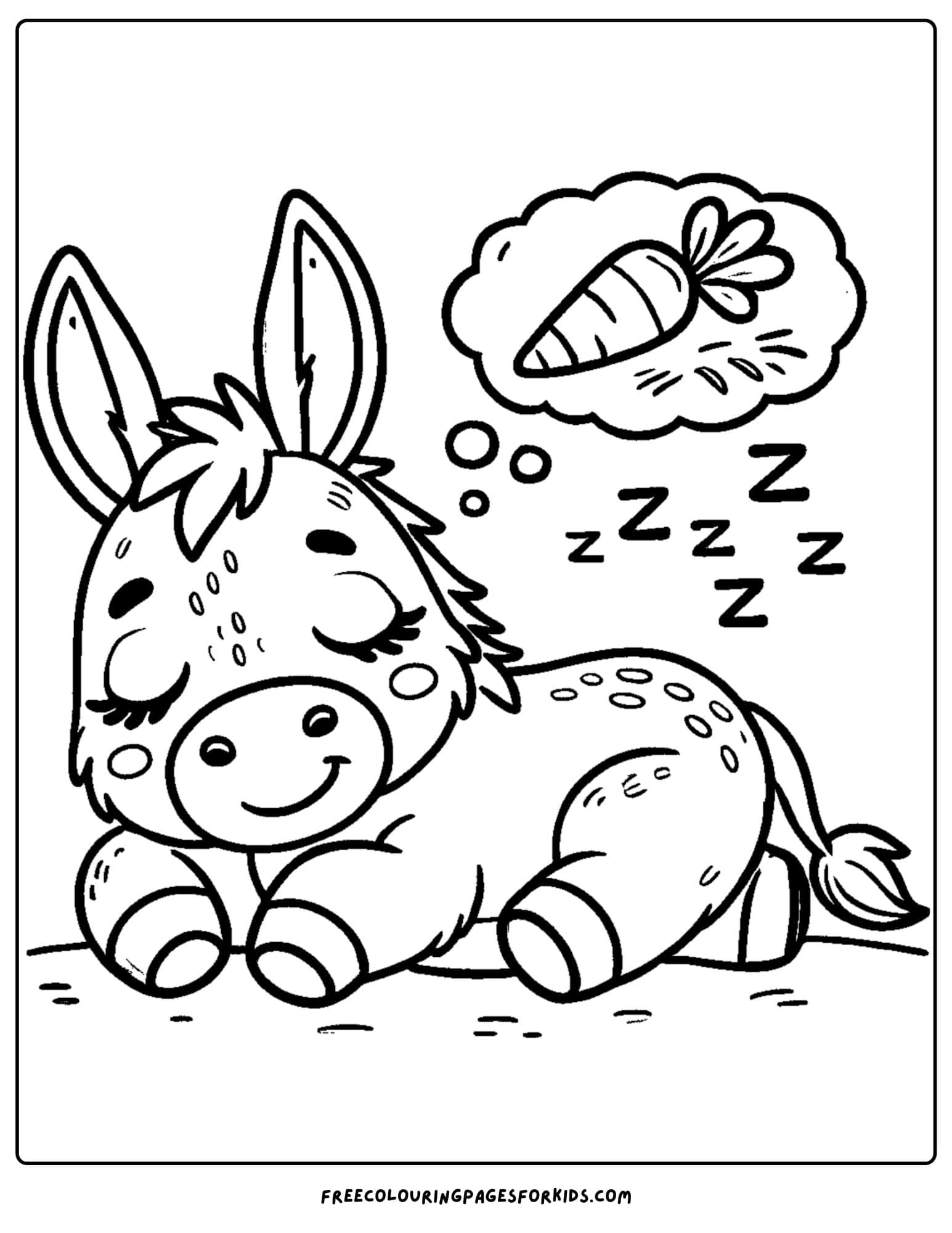 donkey sleeping and dreaming of a carrot coloring page