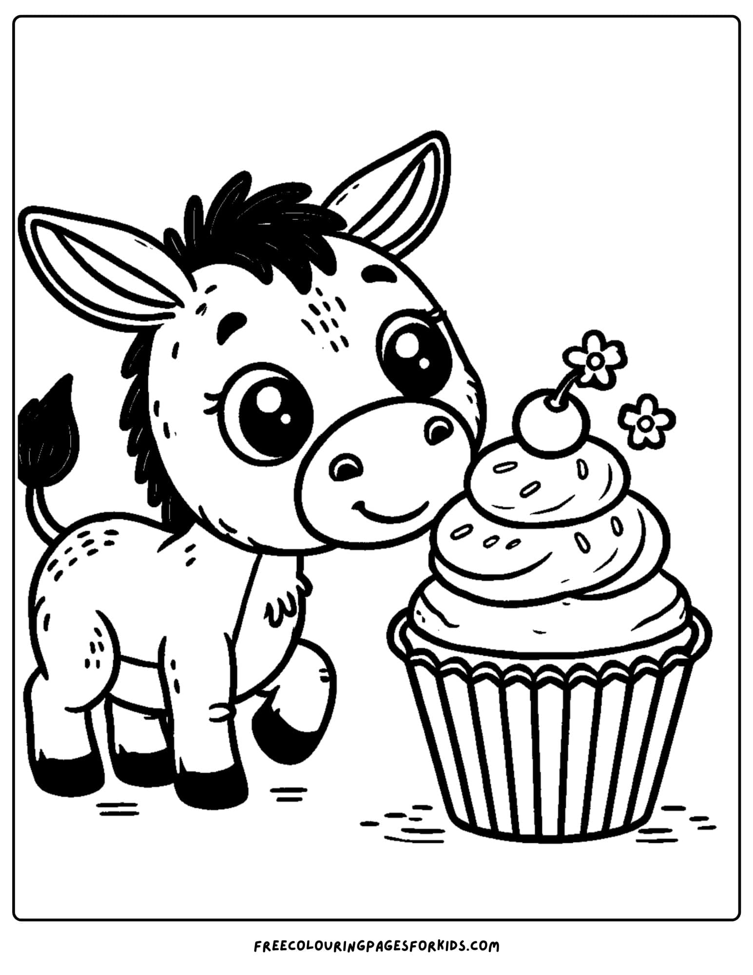 donkey smelling a cupcake coloring page