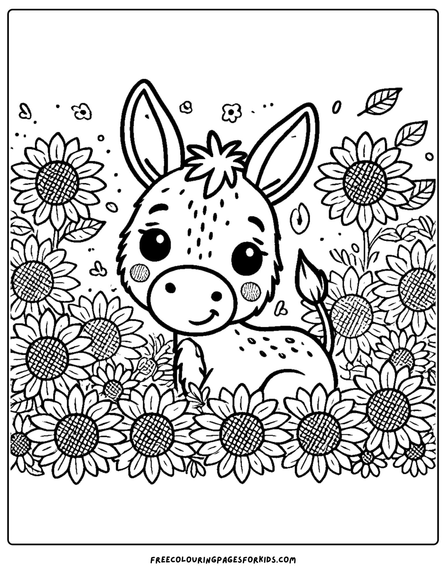 donkey surrounded by sunflowers coloring page