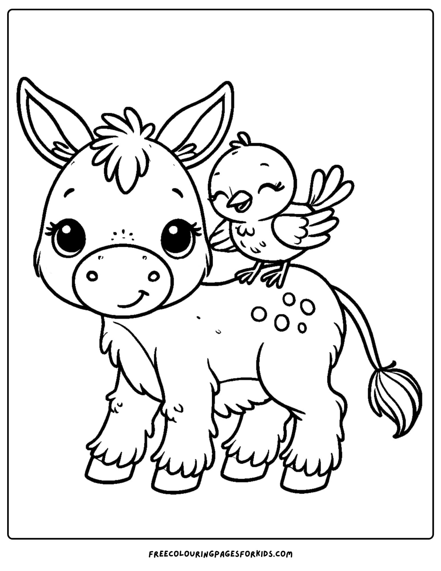 donkey with a bird friend on its back coloring page