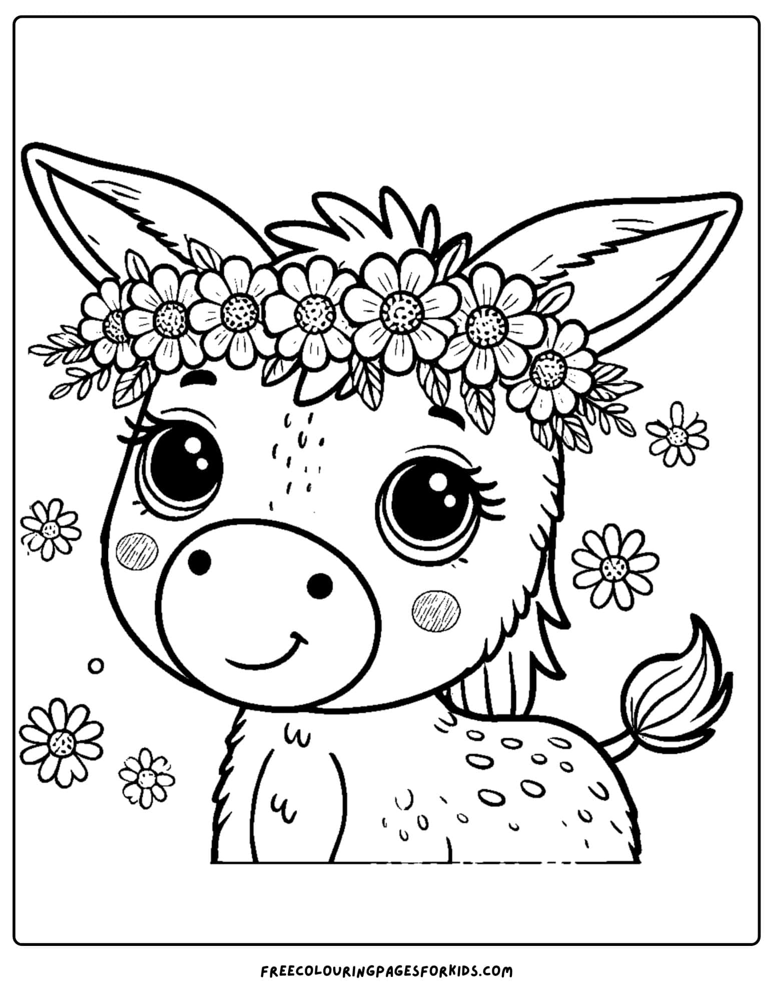 donkey wearing a flower crown coloring page