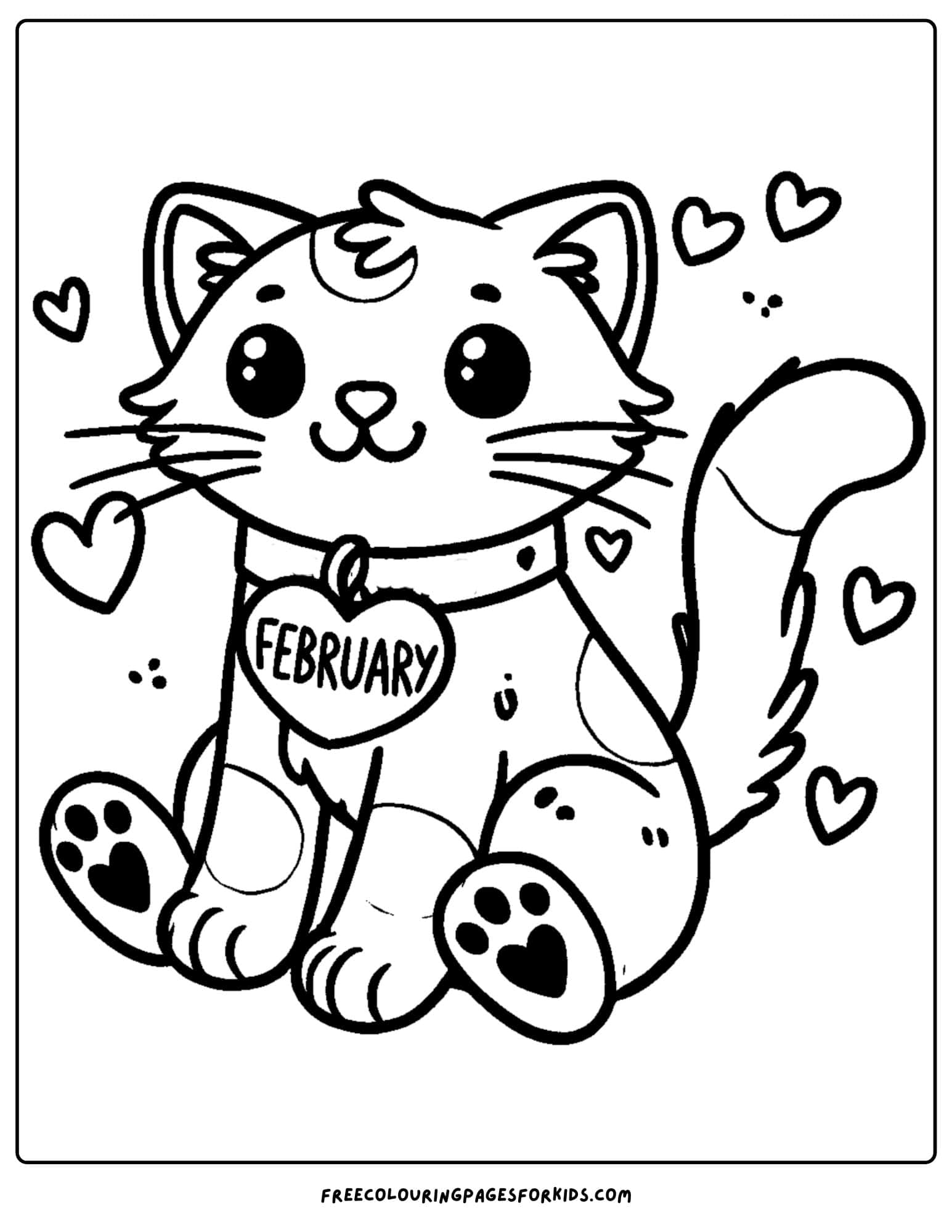 feburary cat with heart collar coloring page