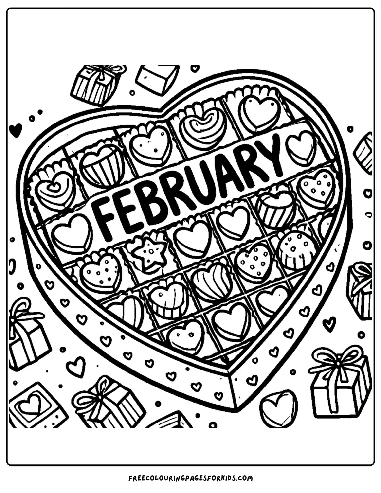 feburary hart shaped box of chocolates coloring page