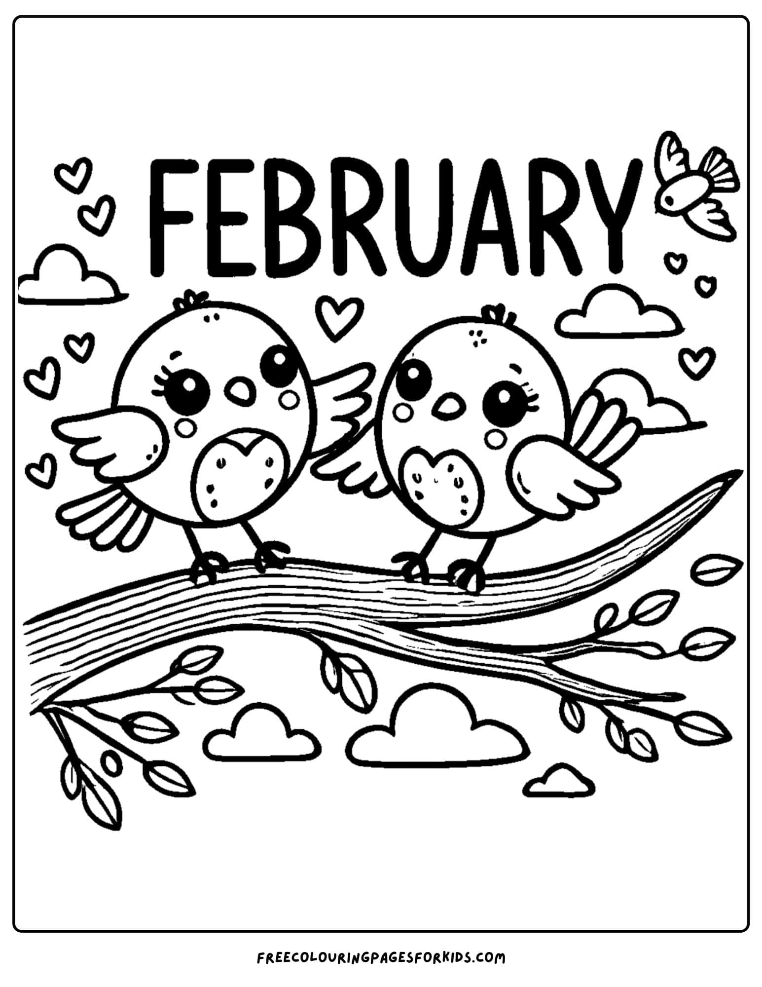 feburary love birds sitting on a branch coloring page