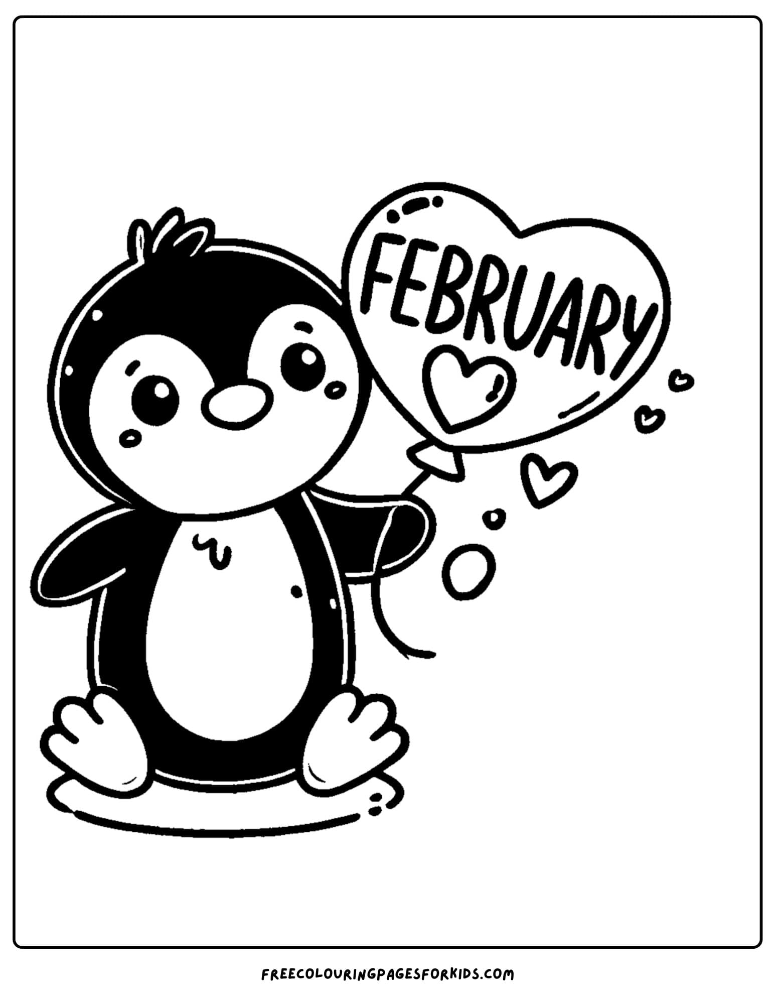 feburary penguin holding a heart balloon coloring page