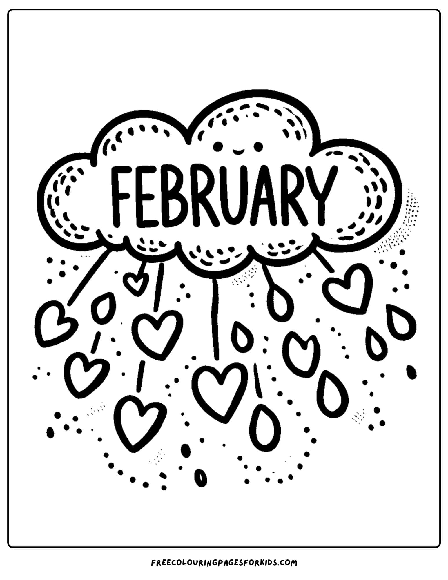 feburary raincloud with heart shaped rain drops coloring page