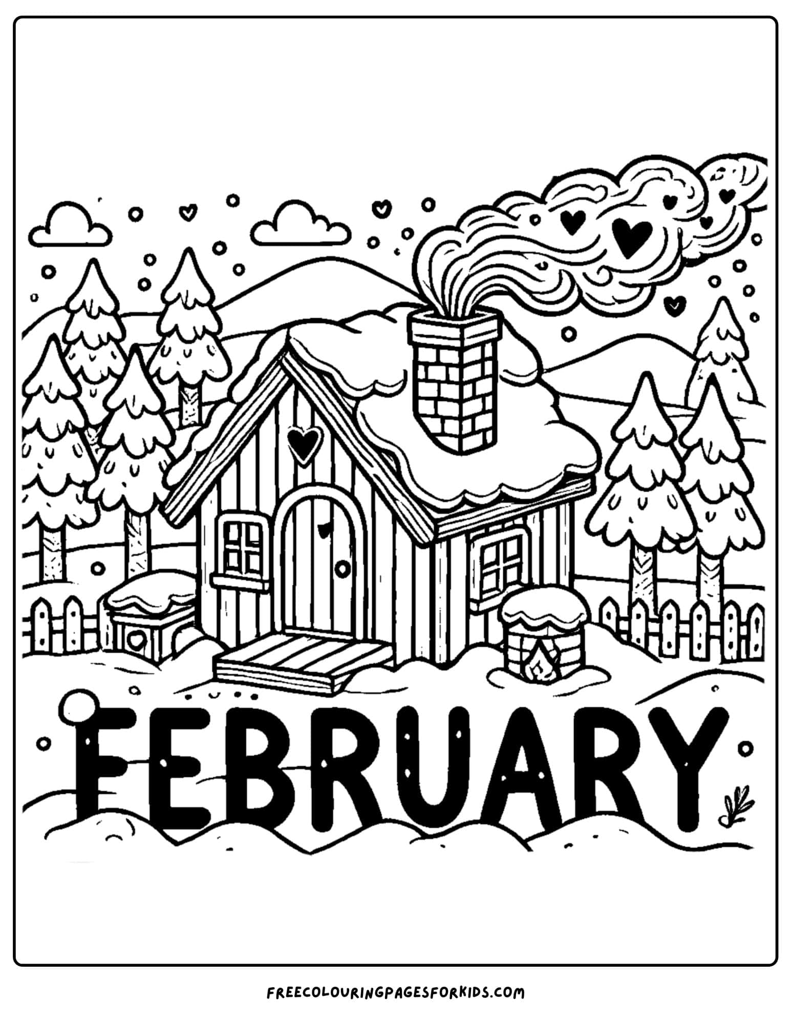 feburary winter snow cabin coloring page