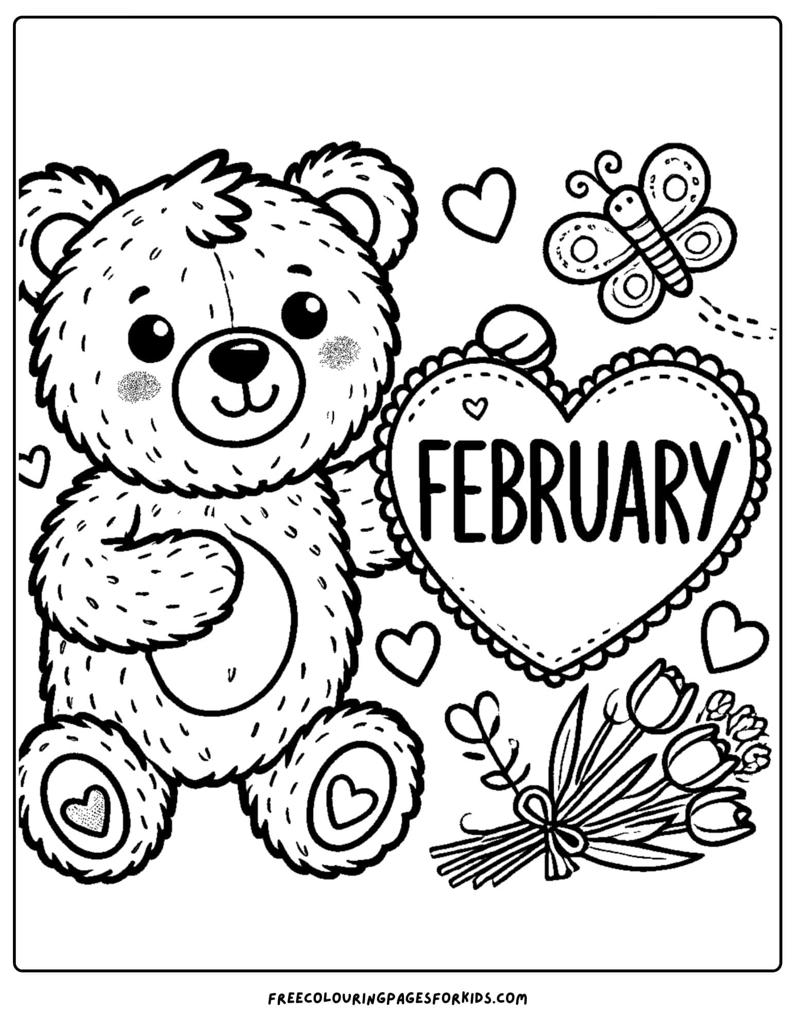 feburary valentines day teddy with a heart coloring page