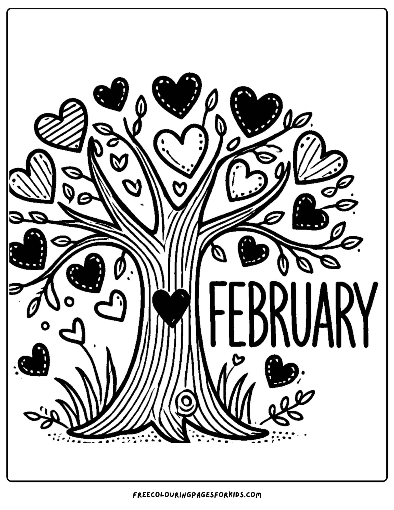 feburary tree with hearts for leaves coloring page