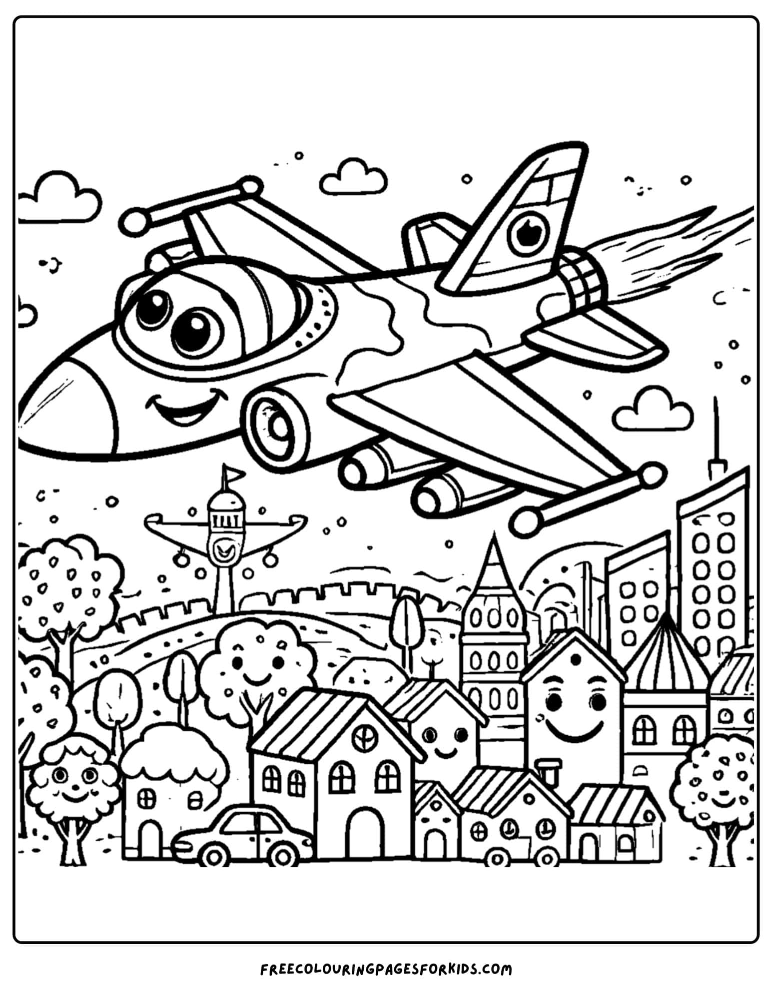 fighter jet flying over the city coloring page