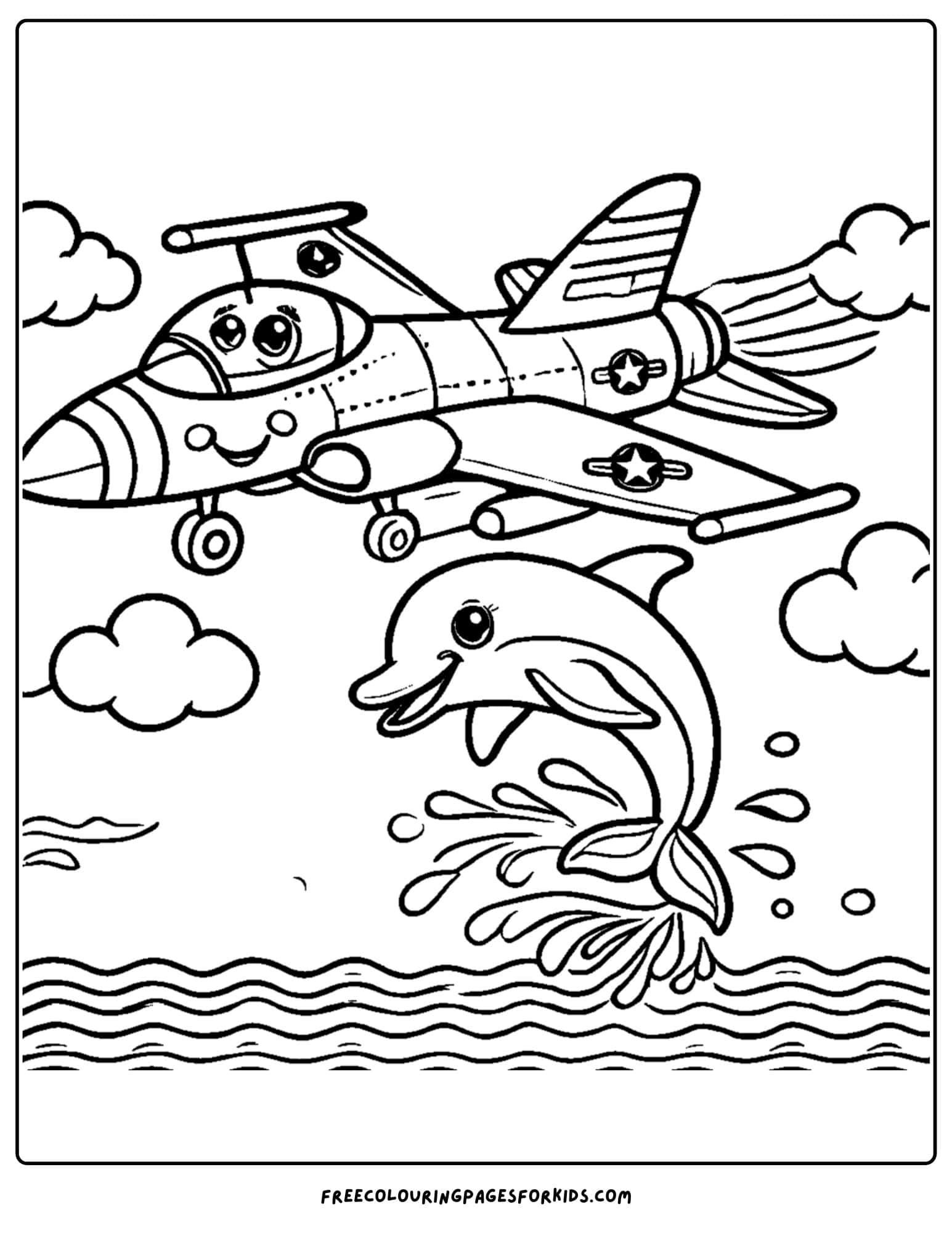 fighter jet flying over the ocean coloring page