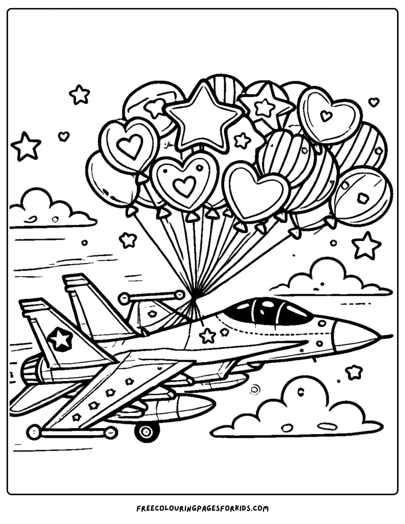 fighter jet carrying balloons coloring page