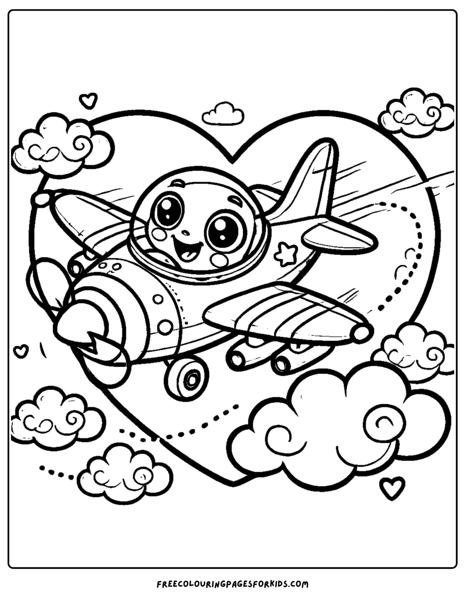 fighter jet and heart shaped cloud coloring page