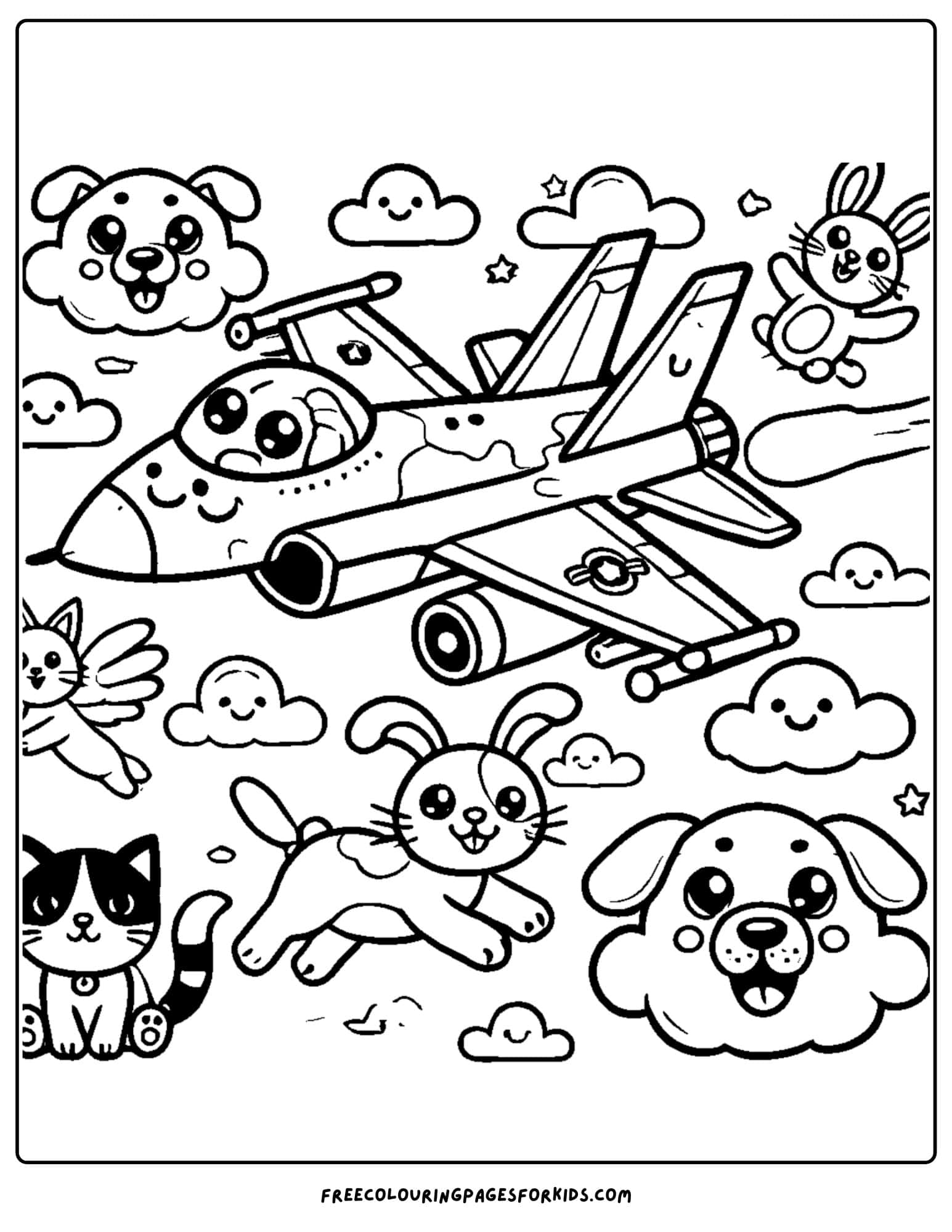 fighter jet surrounded by animal face clouds coloring page