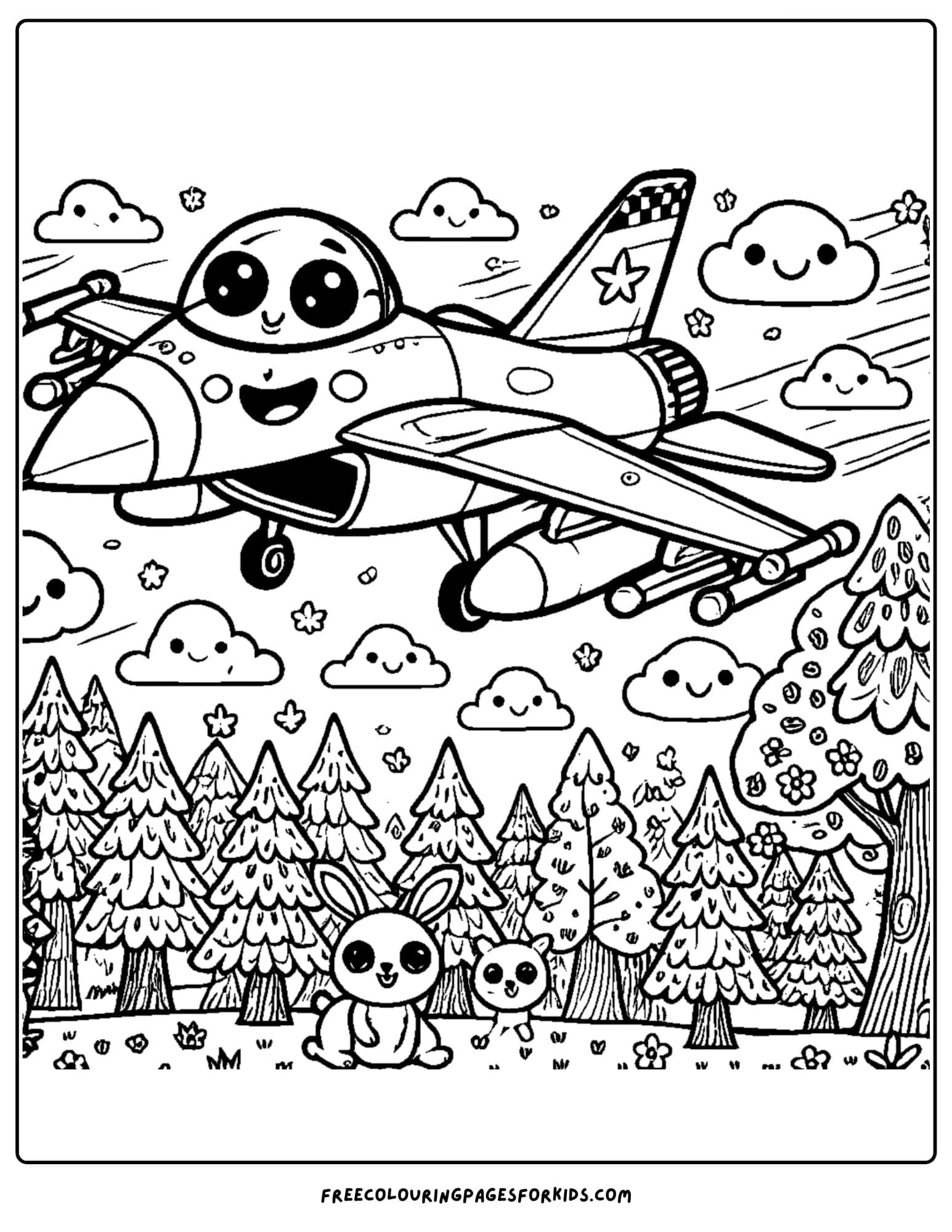 fighter jet flying over a forest coloring page