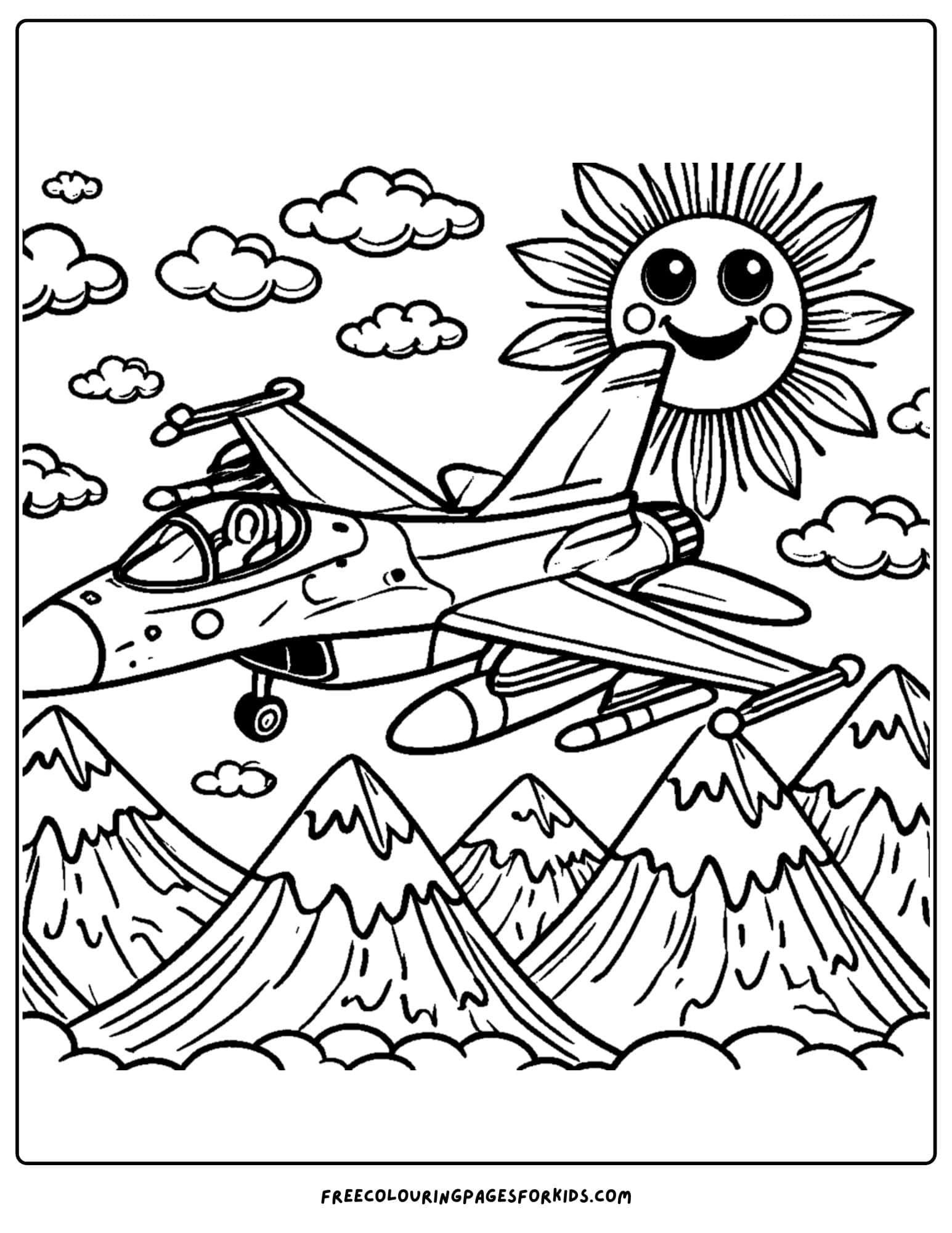 fighter jet flying over mountains coloring page