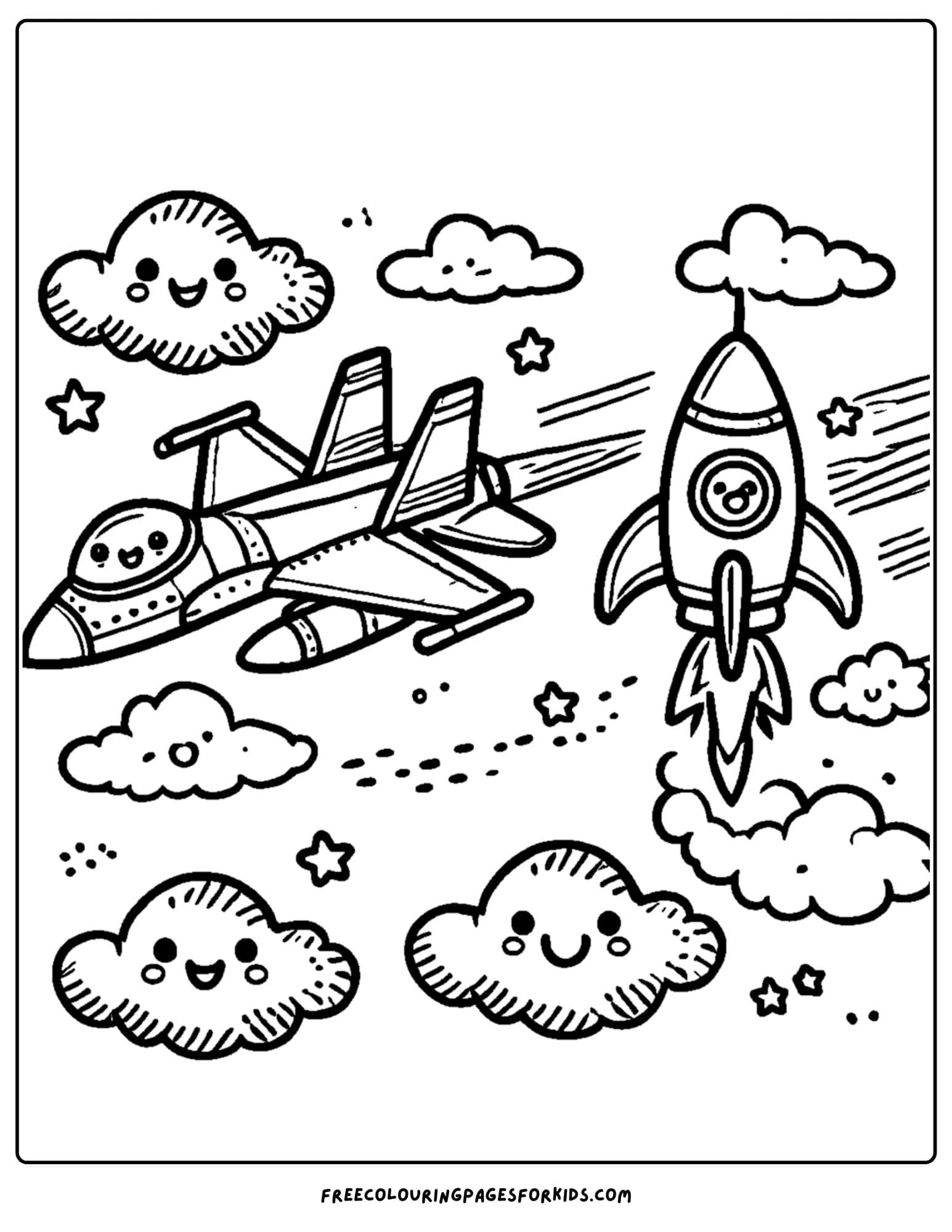 fighter jet racing a rocket coloring page