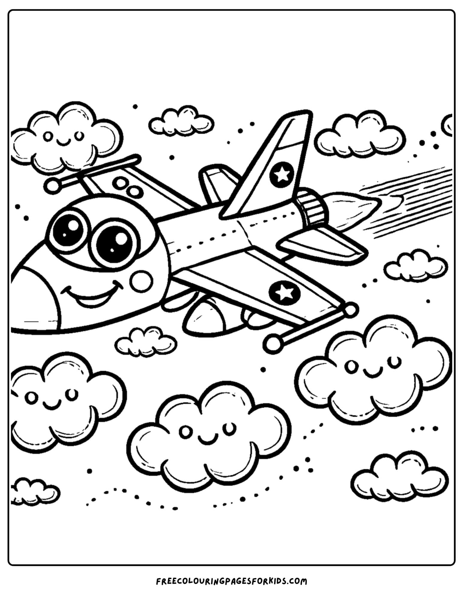 fighter jet flying in the sky around clouds coloring page