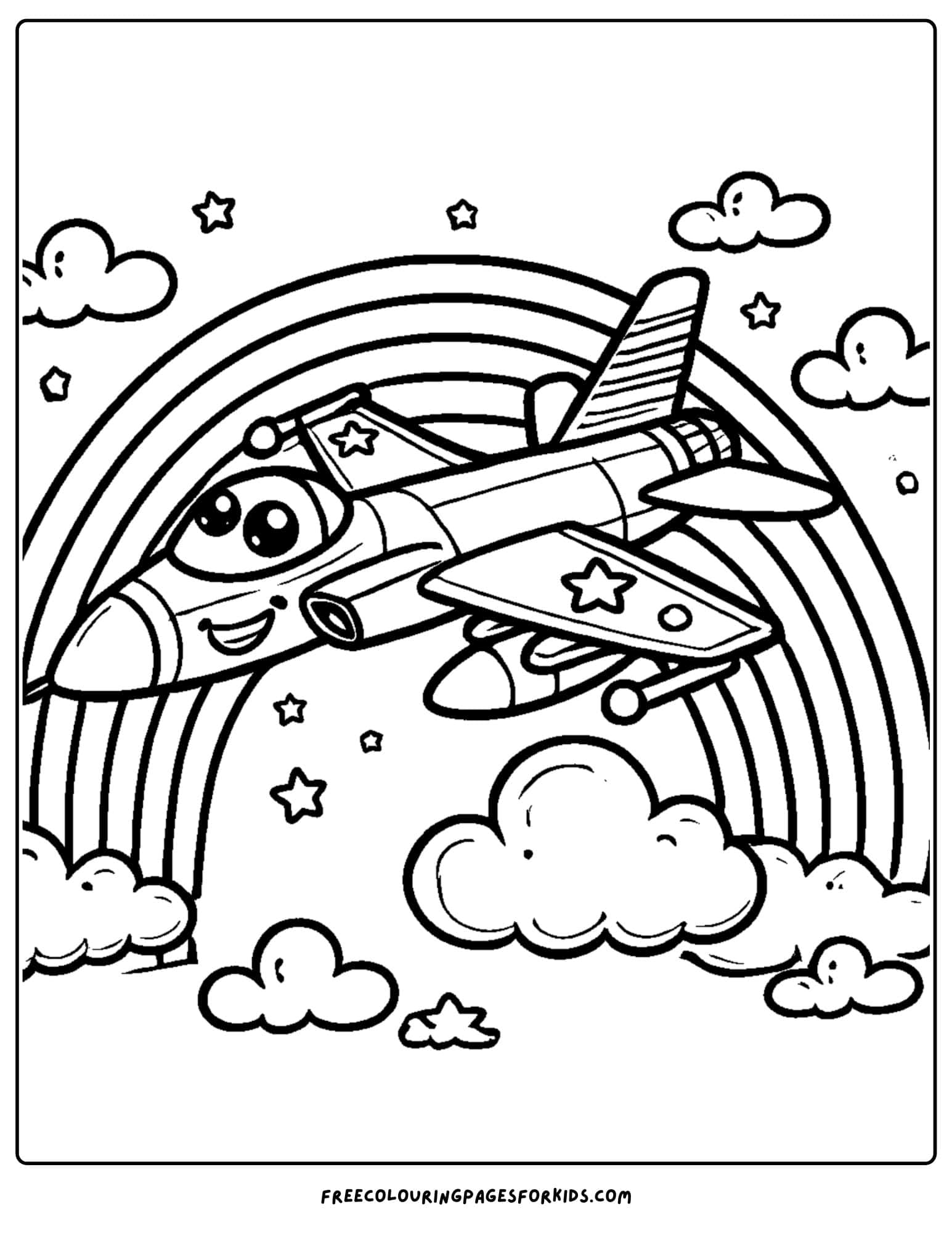 fighter jet zooming through a rainbow coloring page