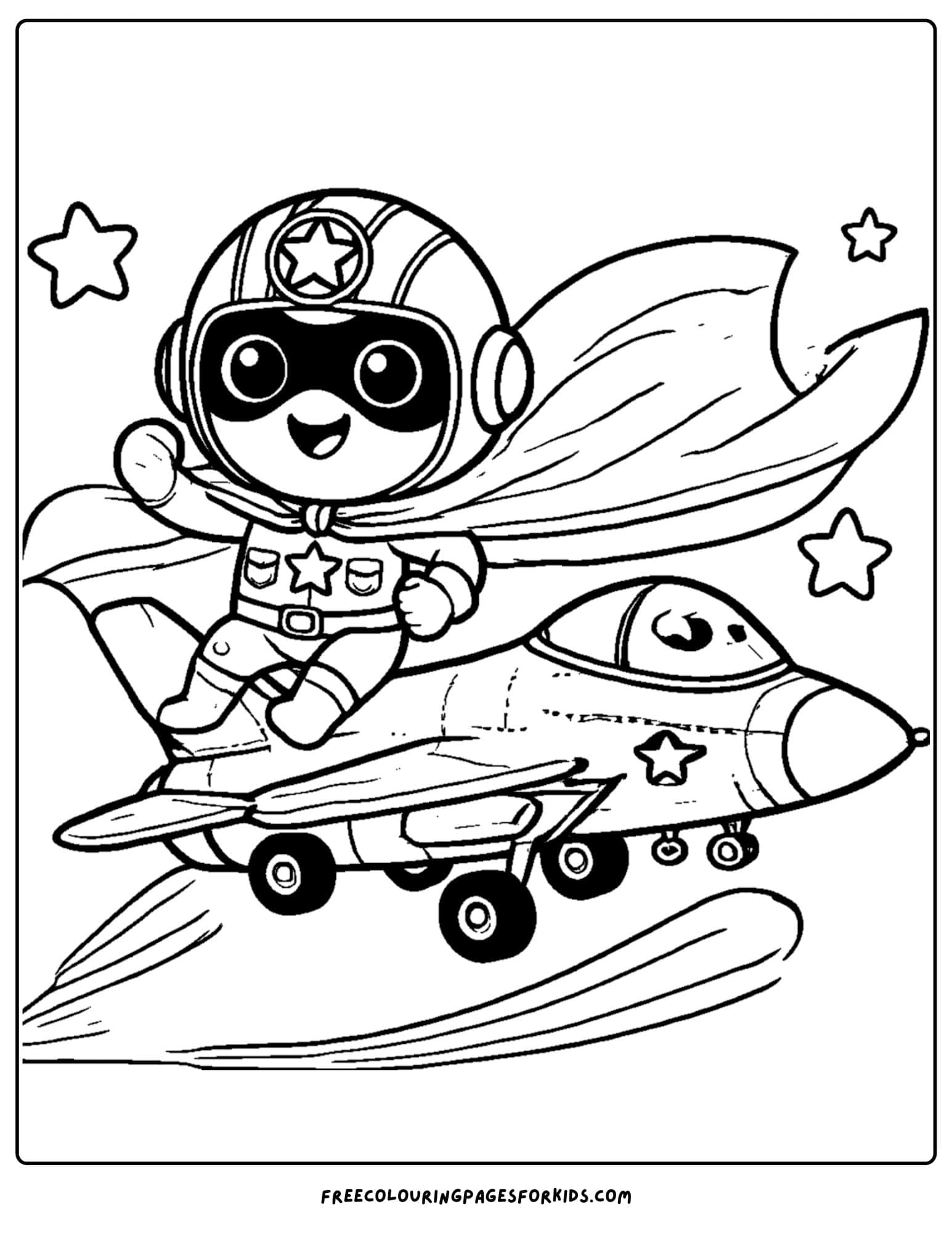 fighter jet and pilot dressed as a super hero coloring page