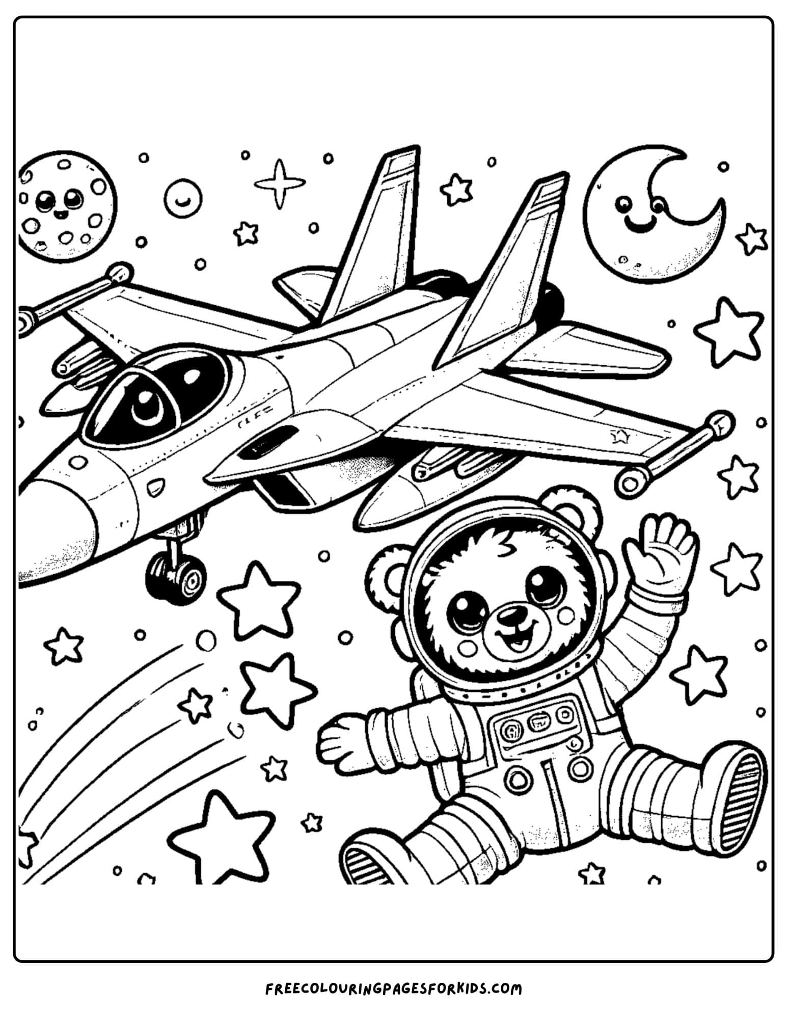 fighter jet and an astronaut bear coloring page