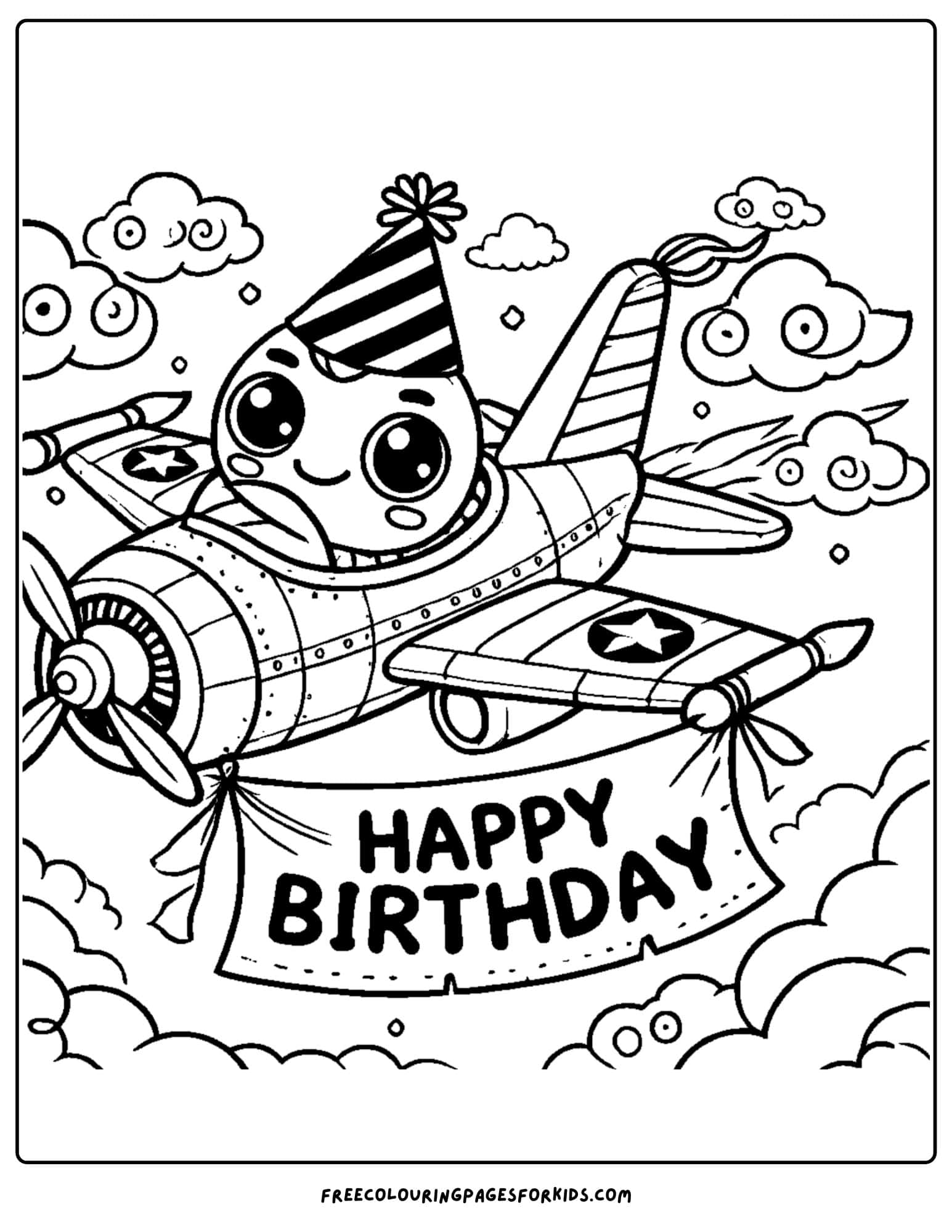 fighter jet with a happy birthday sign coloring page