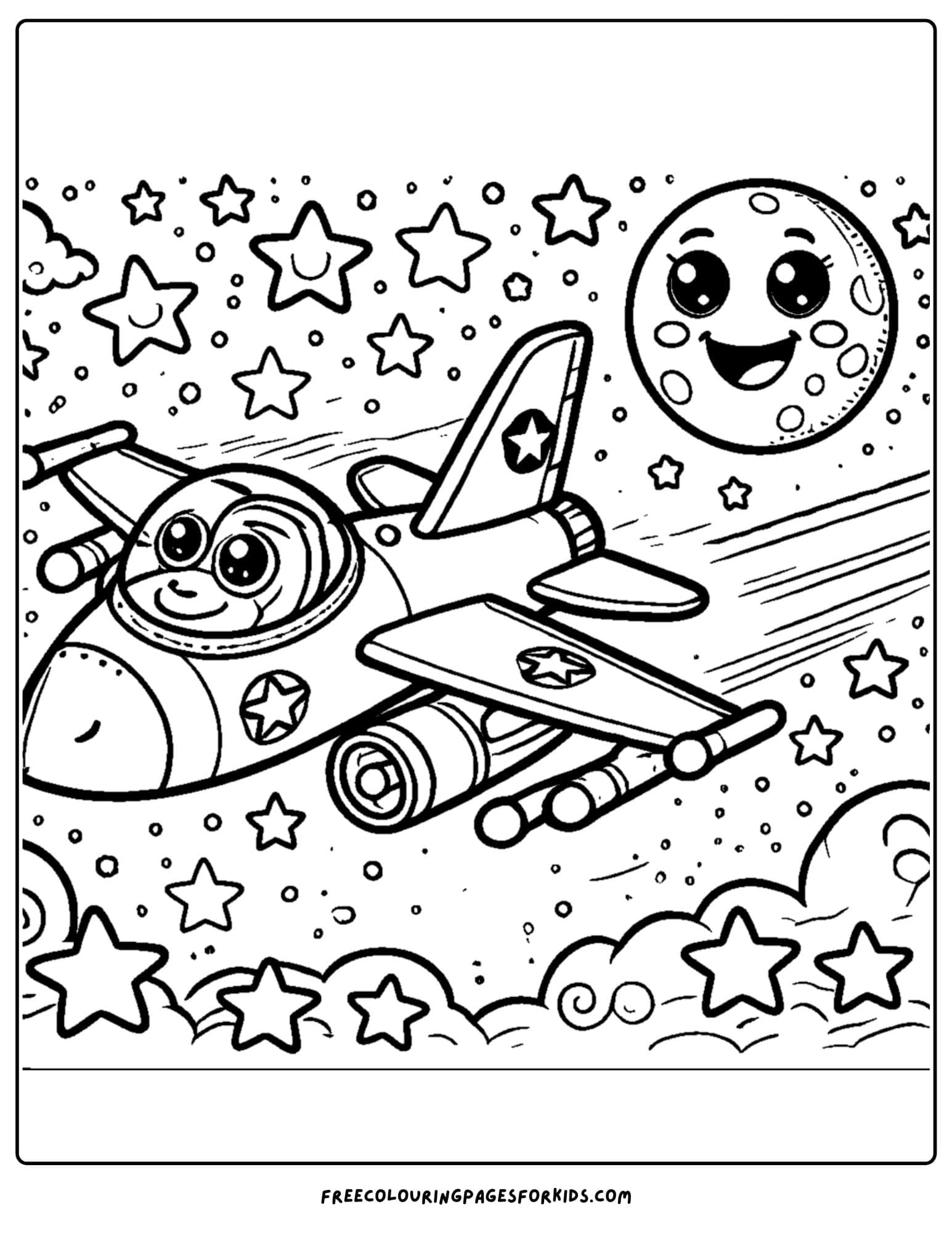 fighter jet with stars and the moon coloring page