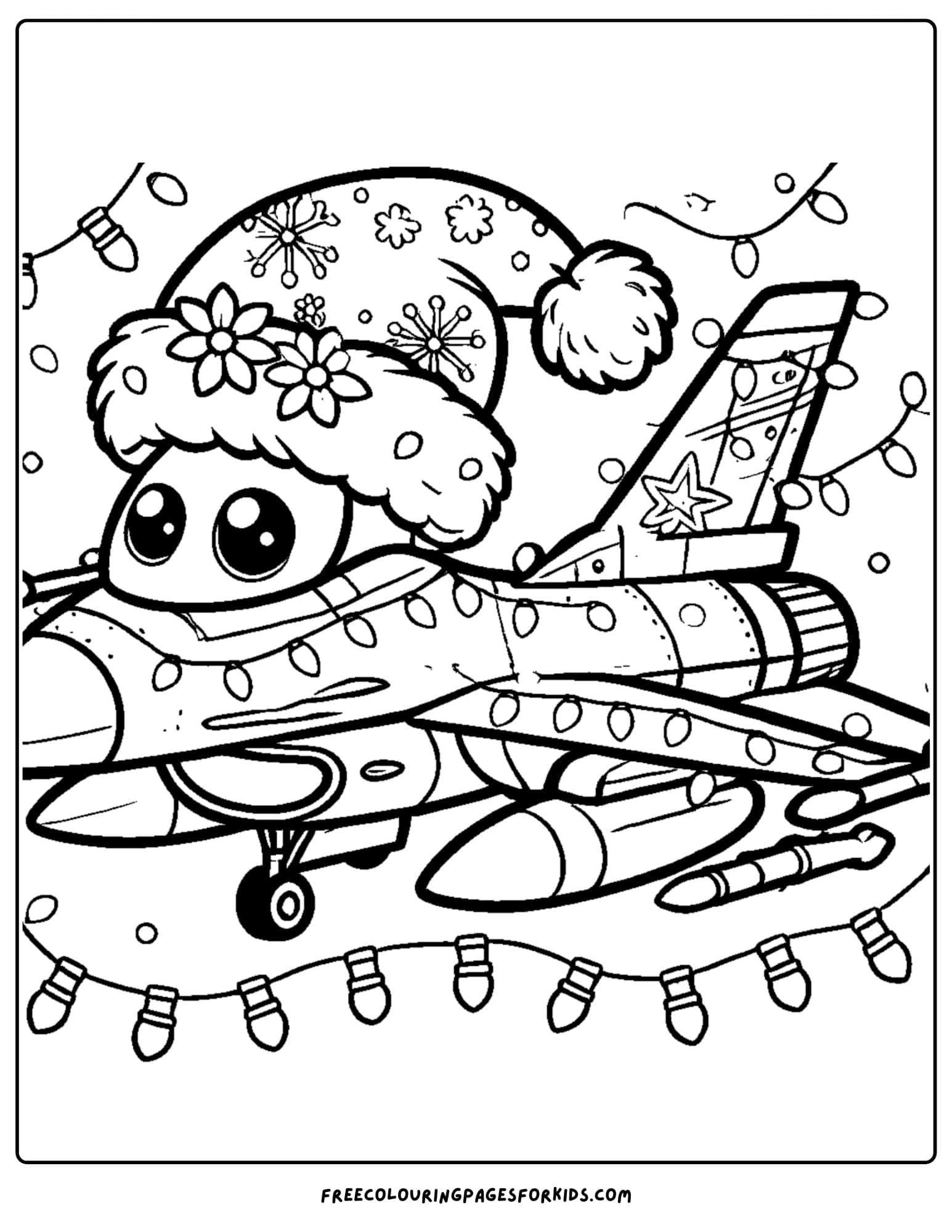 fighter jet with christmas holiday decor coloring page