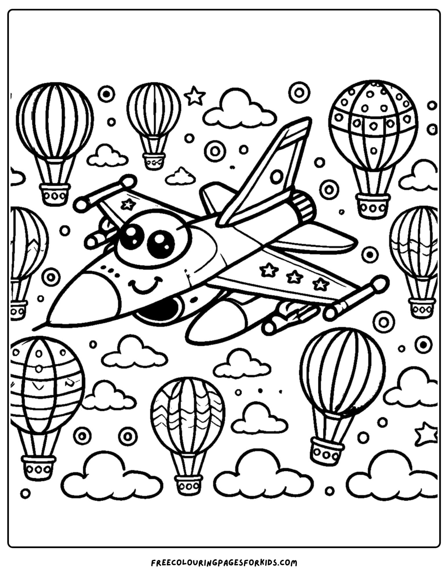 fighter jet sourrounded by hot air balloons coloring page