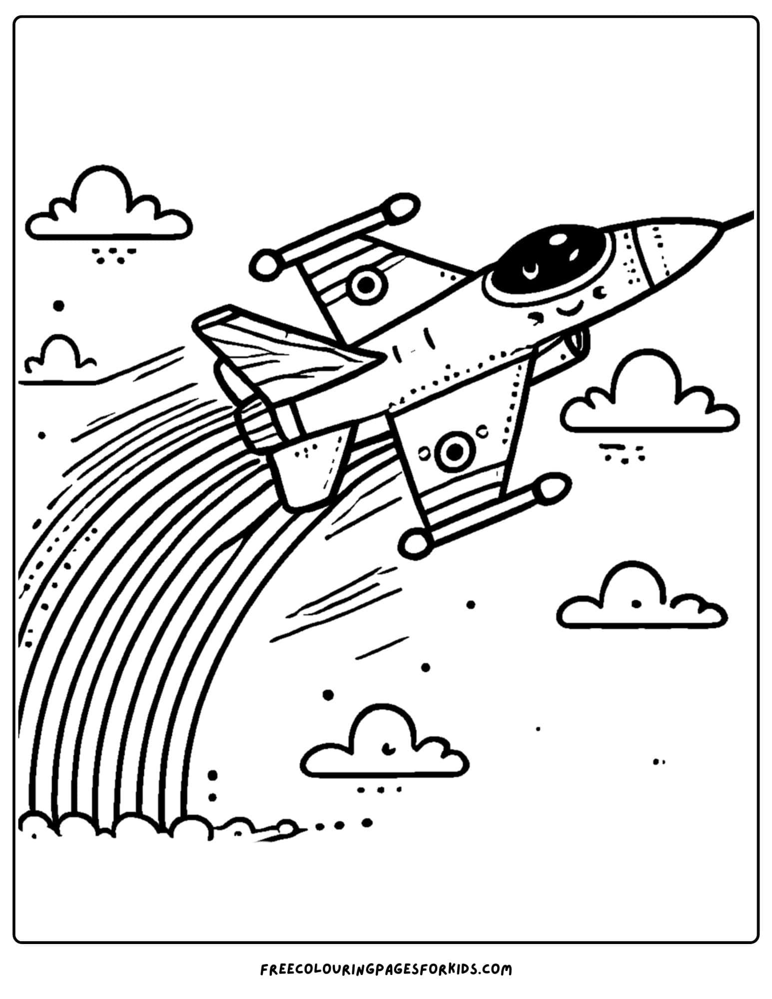 fighter jet with a rainbow trail coloring page