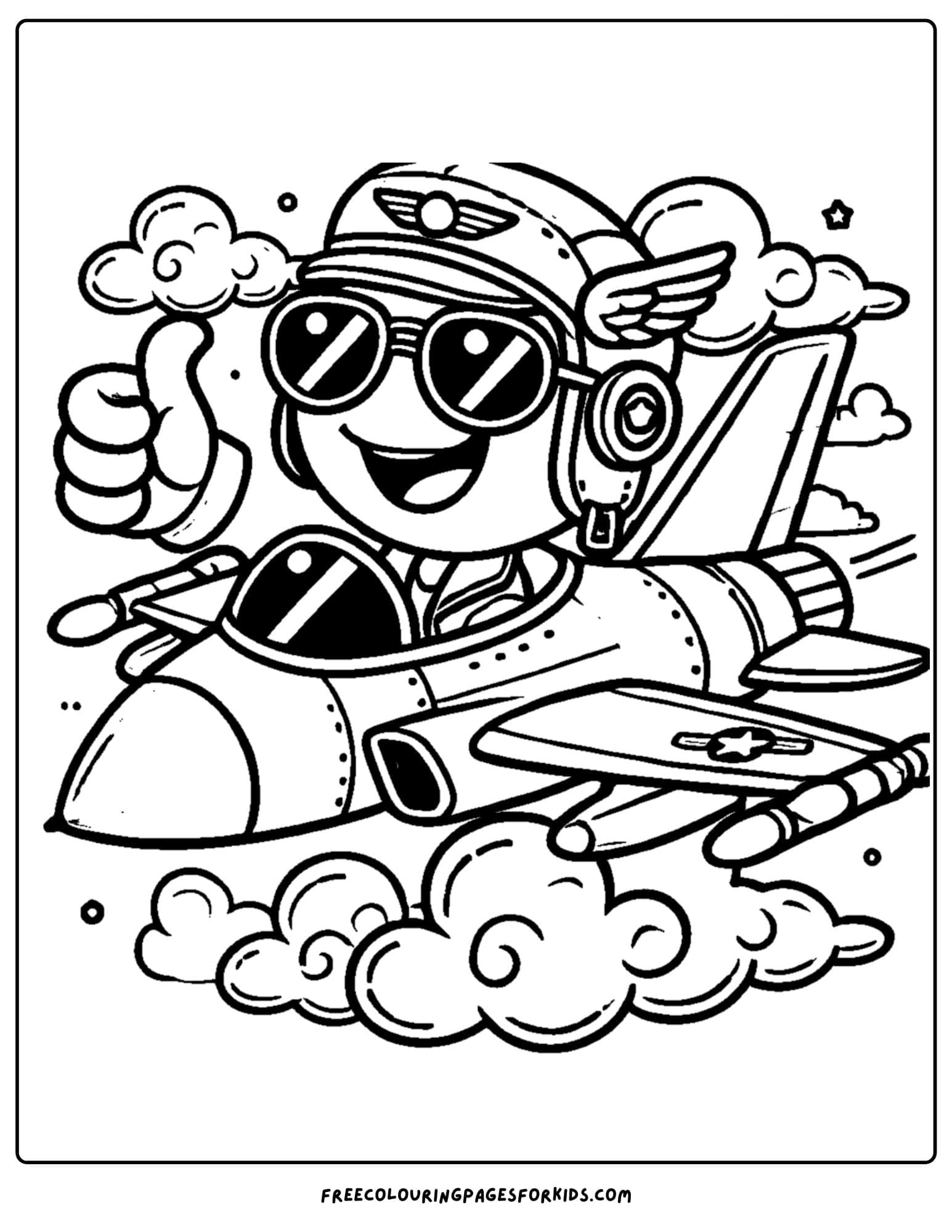 fighter jet pilot wearing sunglasses and flying coloring page