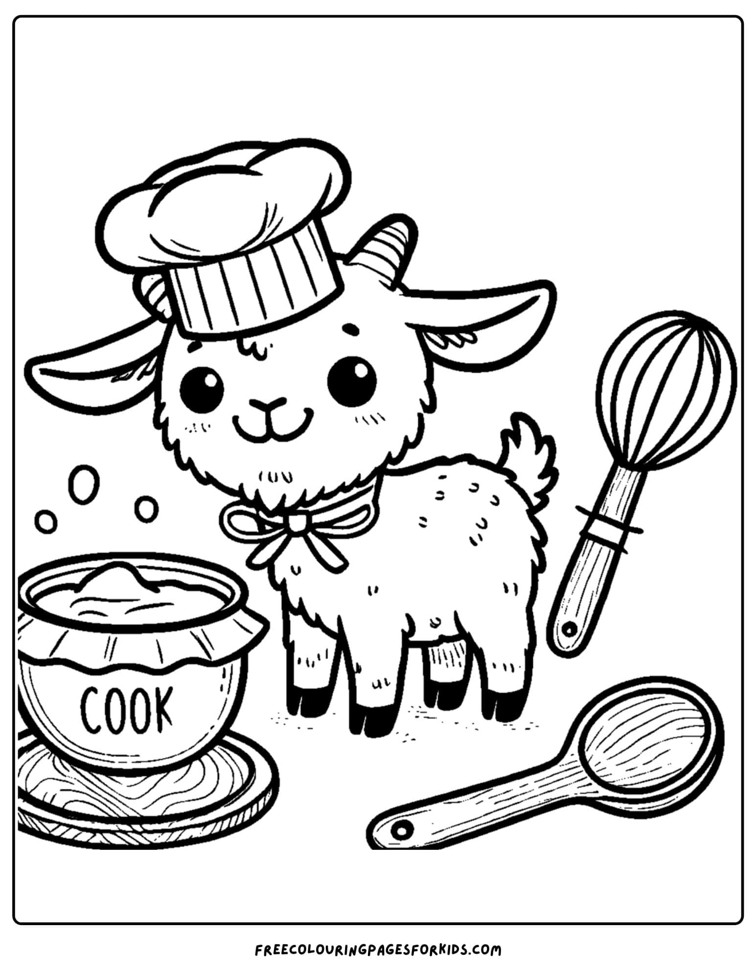 goat dressed as a chef about to cook coloring page