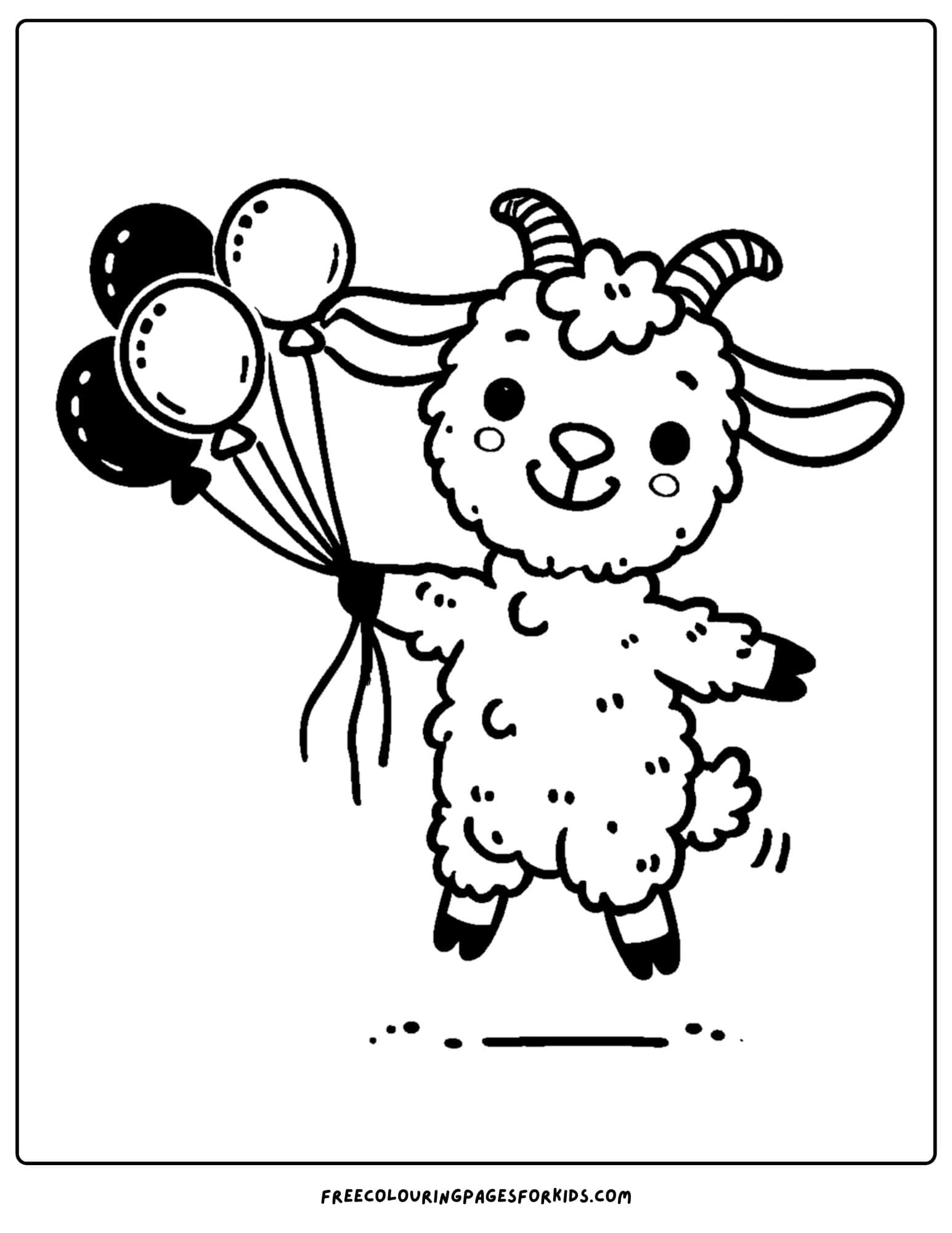 goat floating into the sky with balloons coloring page