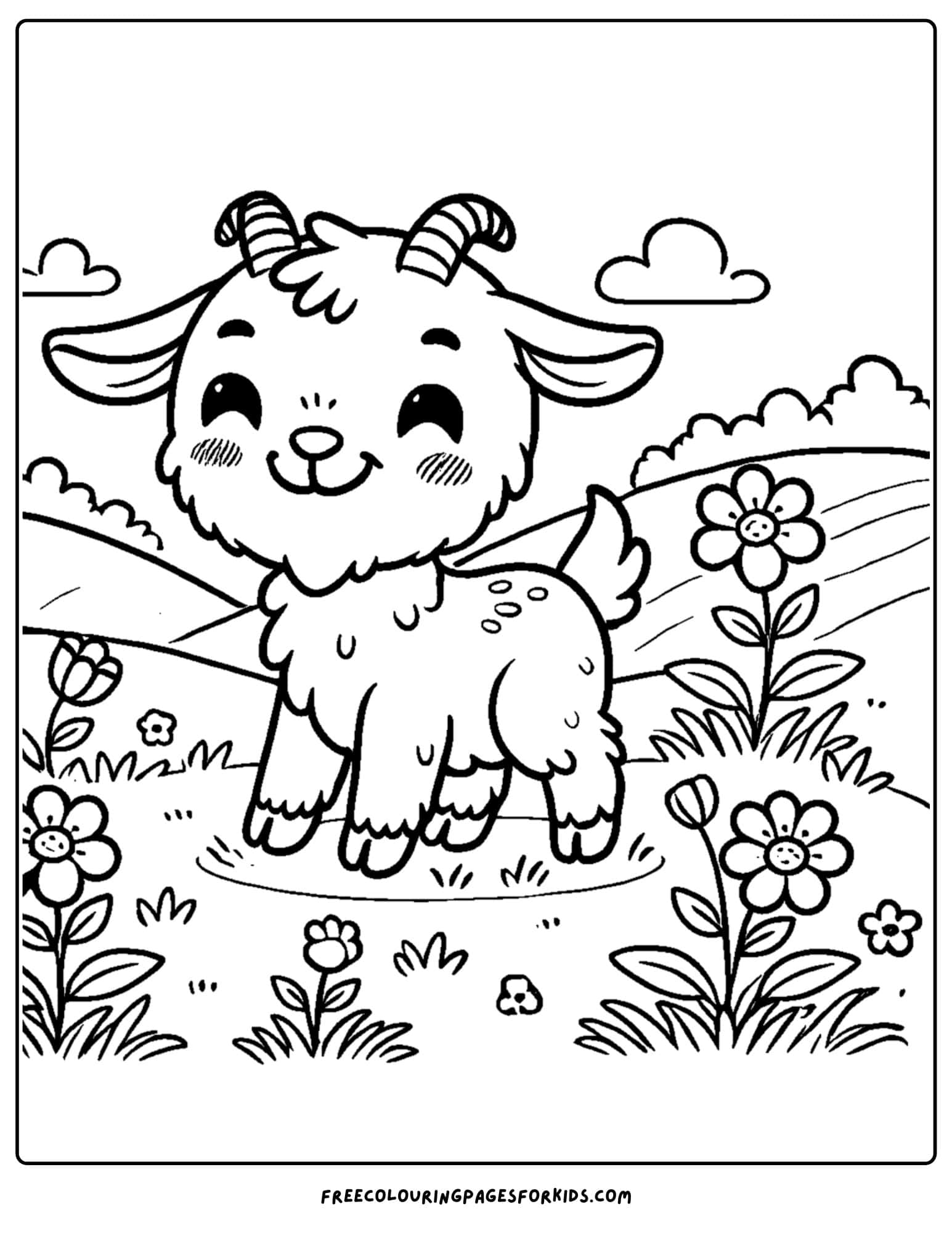 goat in a peaceful meadow coloring page