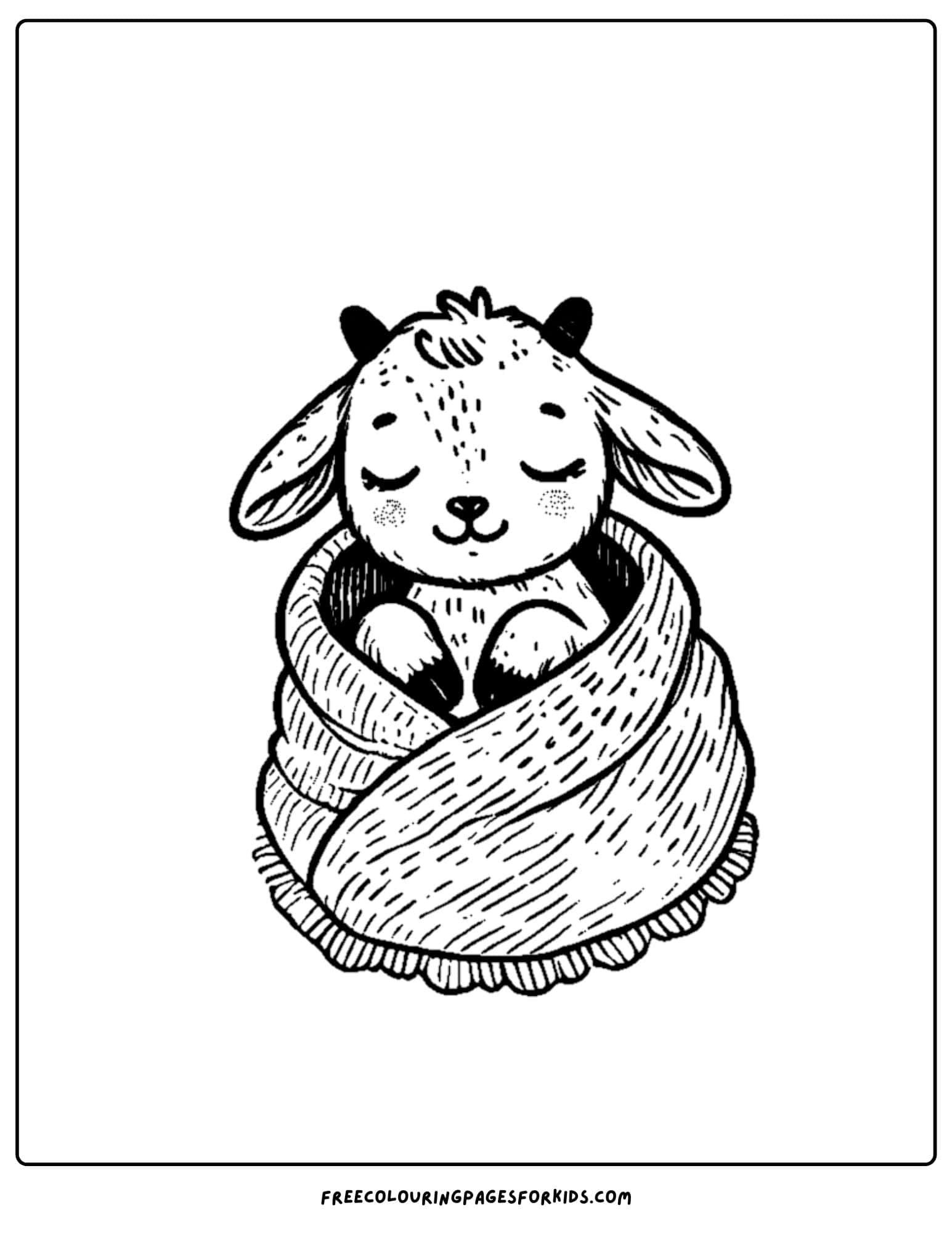 goat sleeping peacefully in a blanket coloring page