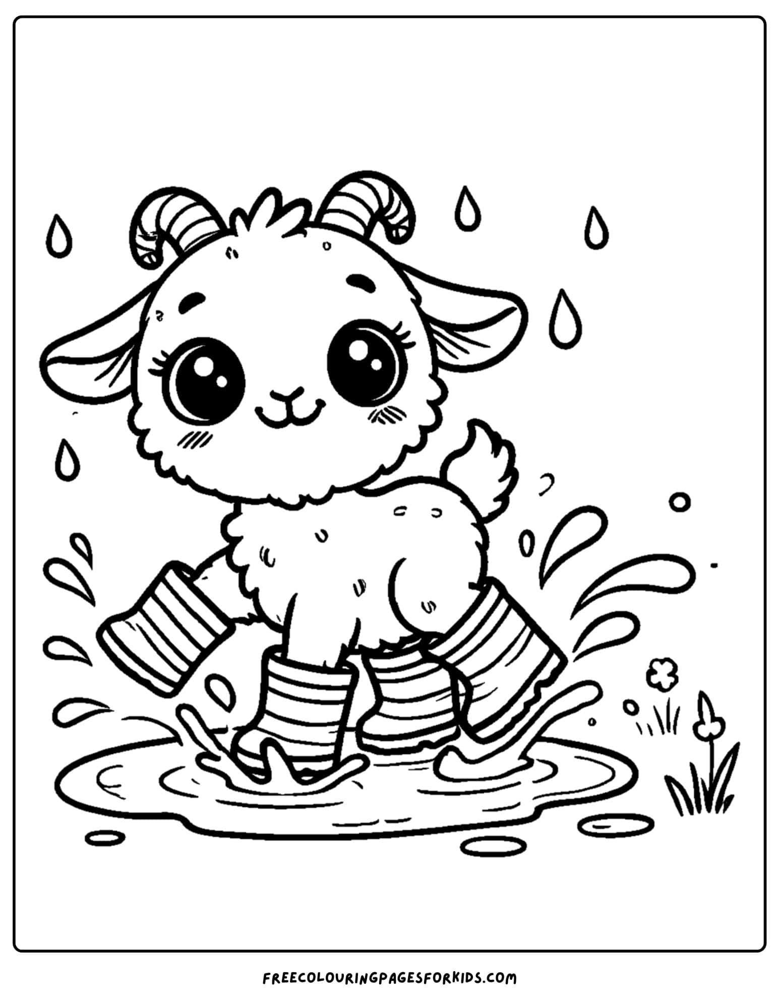 goat splashing in puddles with rain boots on coloring page