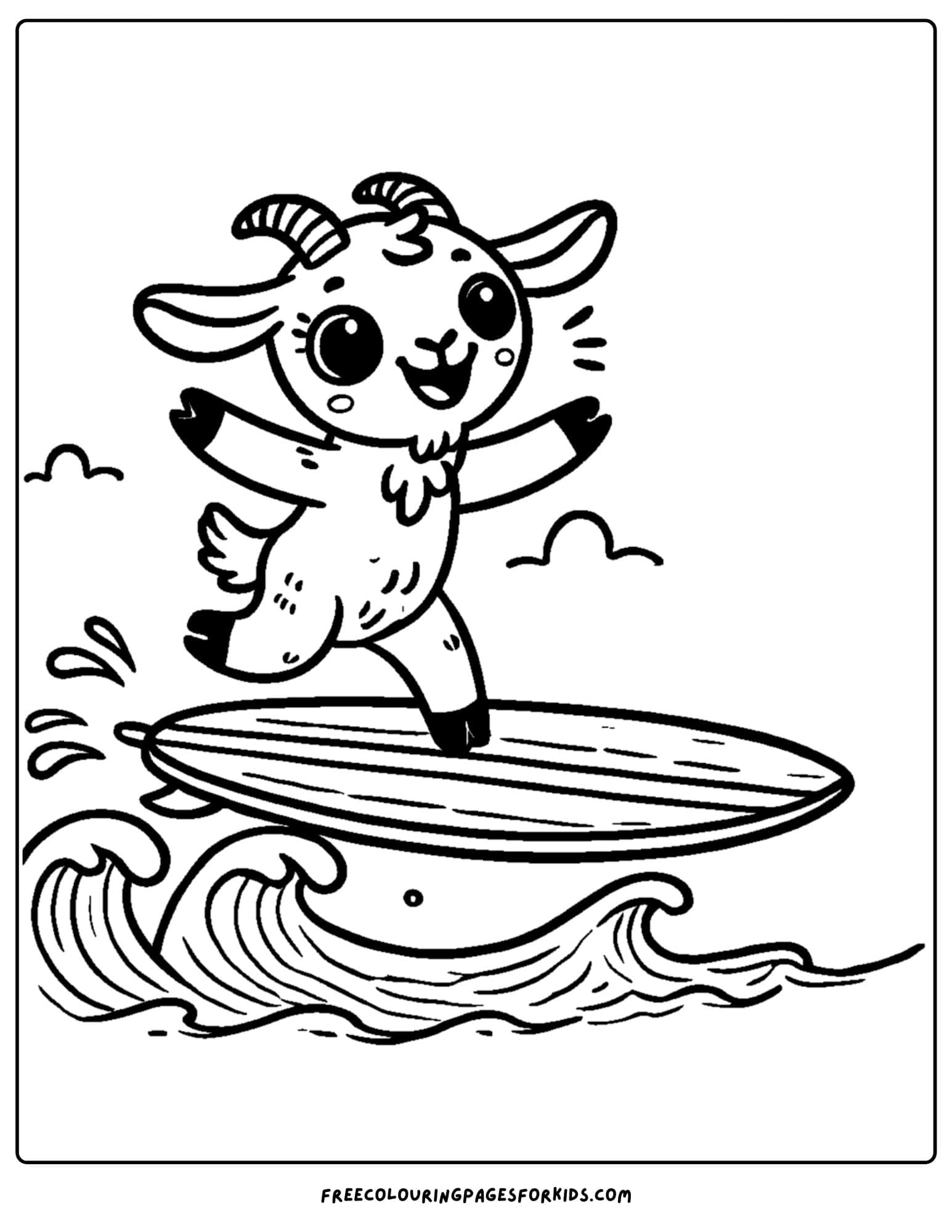 goat surfing a wave coloring page