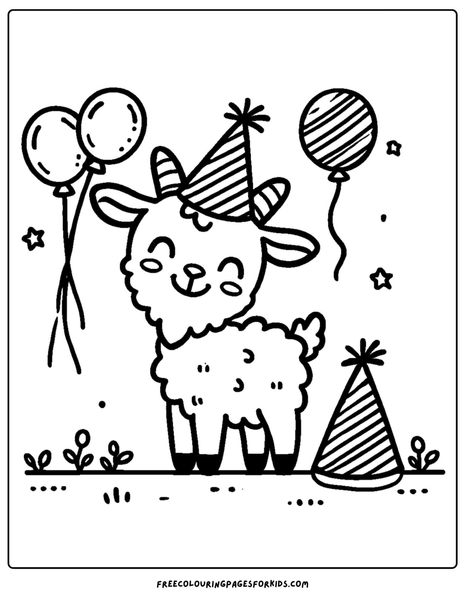 goat wearing a party had and balloons around coloring page