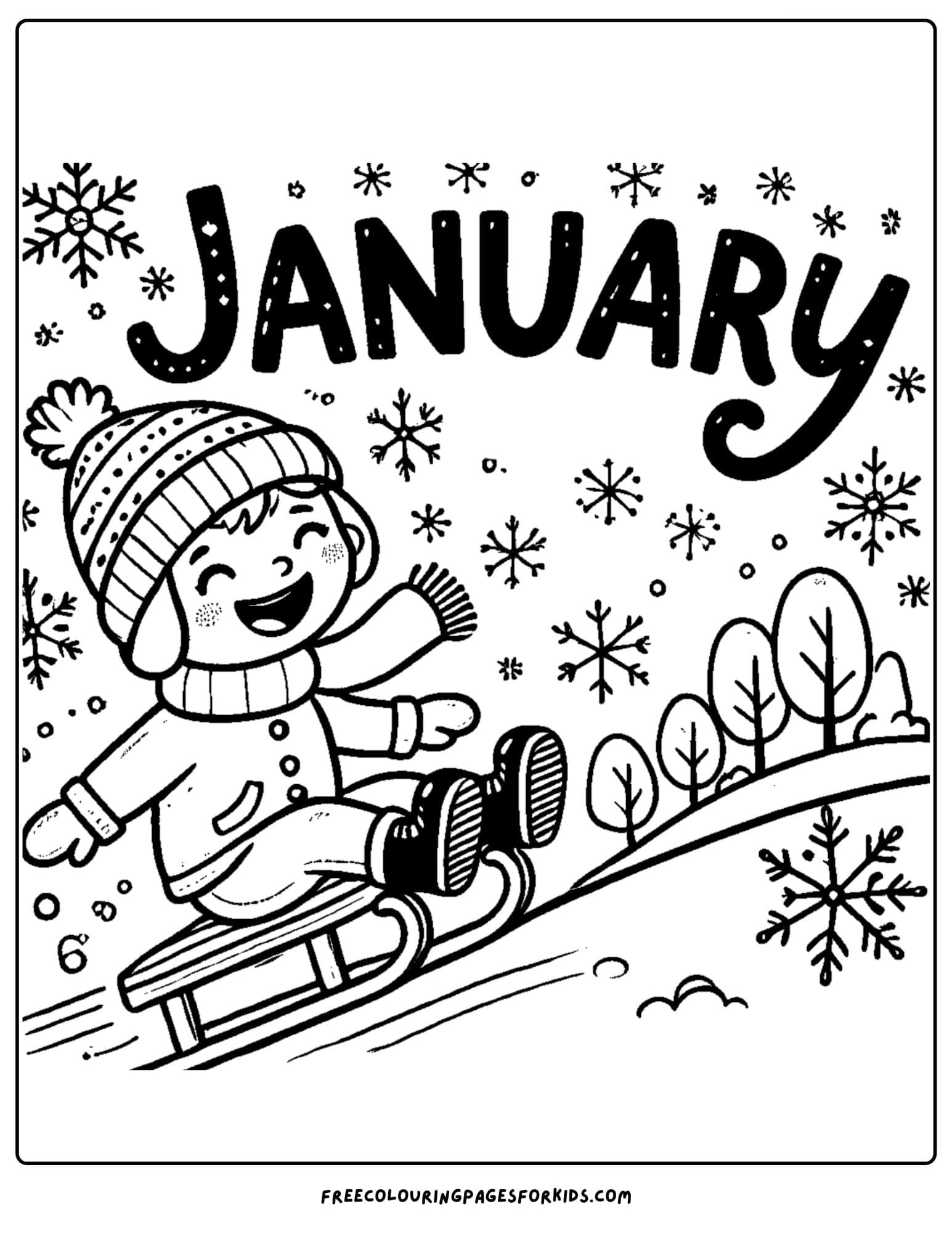 january themed kid sledding coloring page